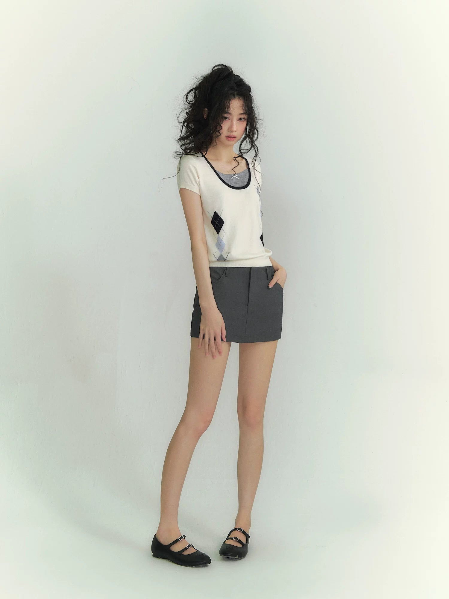 Argyle Color-Block Layered Short Sleeve Top