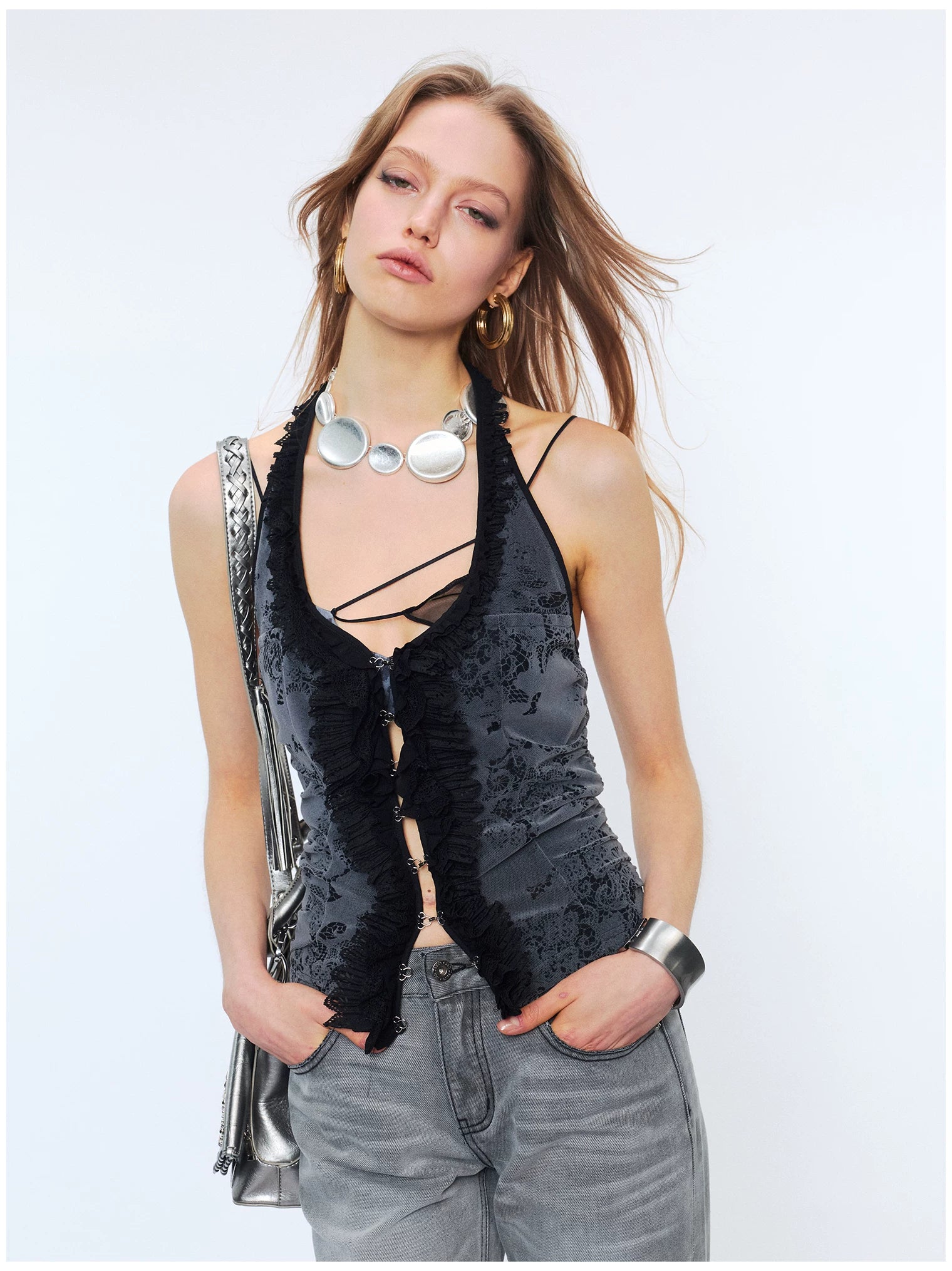 Lace Ruffle Floral Halterneck Camisole