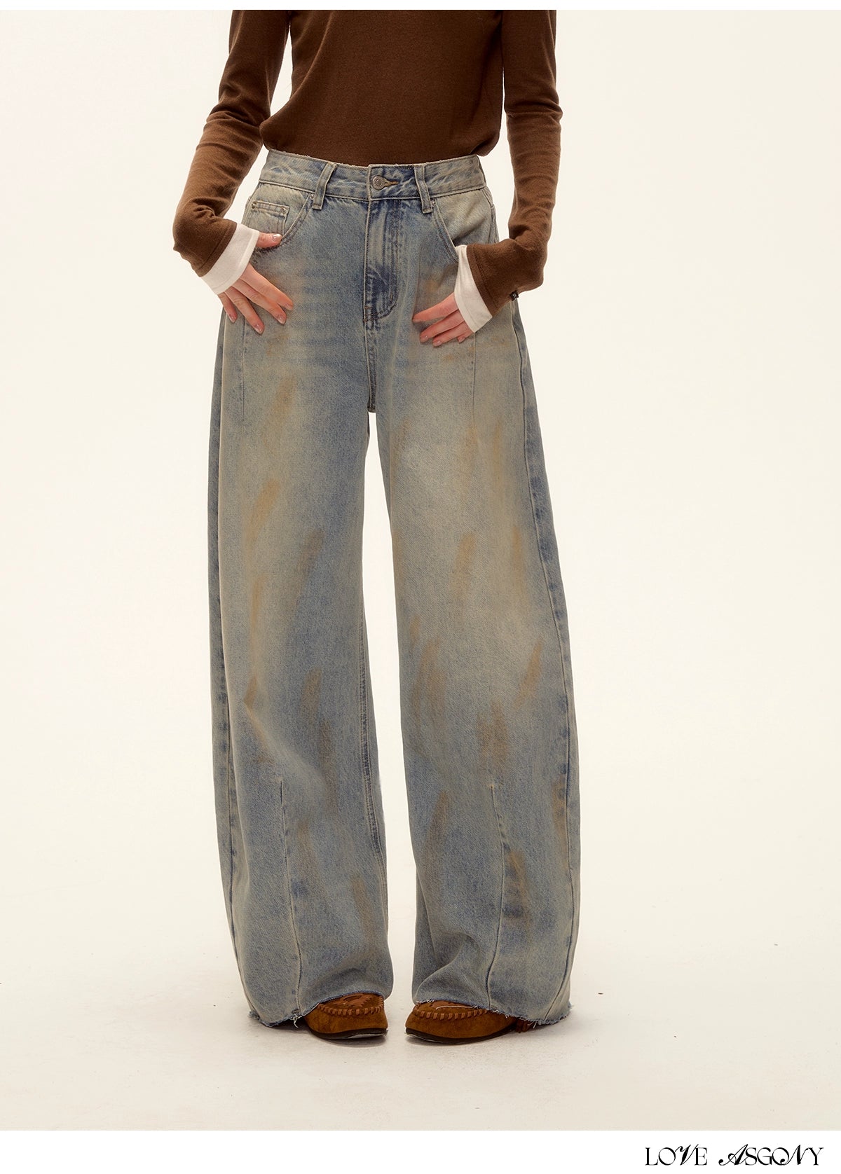 Vintage Washed Distressed Wide-Leg Denim Pants