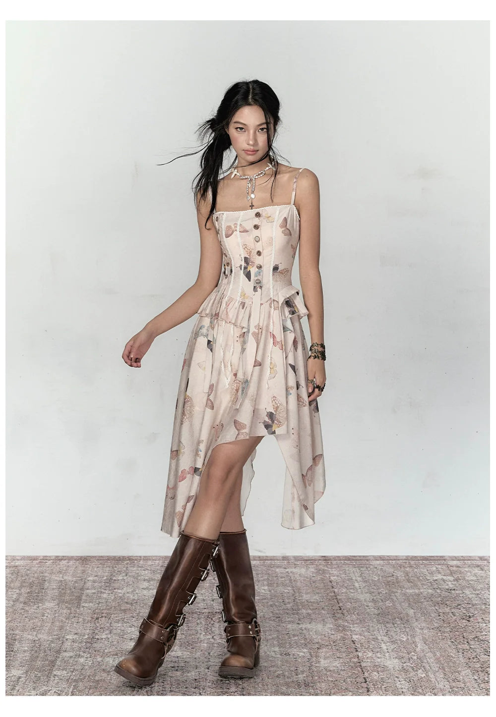 Butterfly Print Irregular Hem Dress - CHINASQUAD