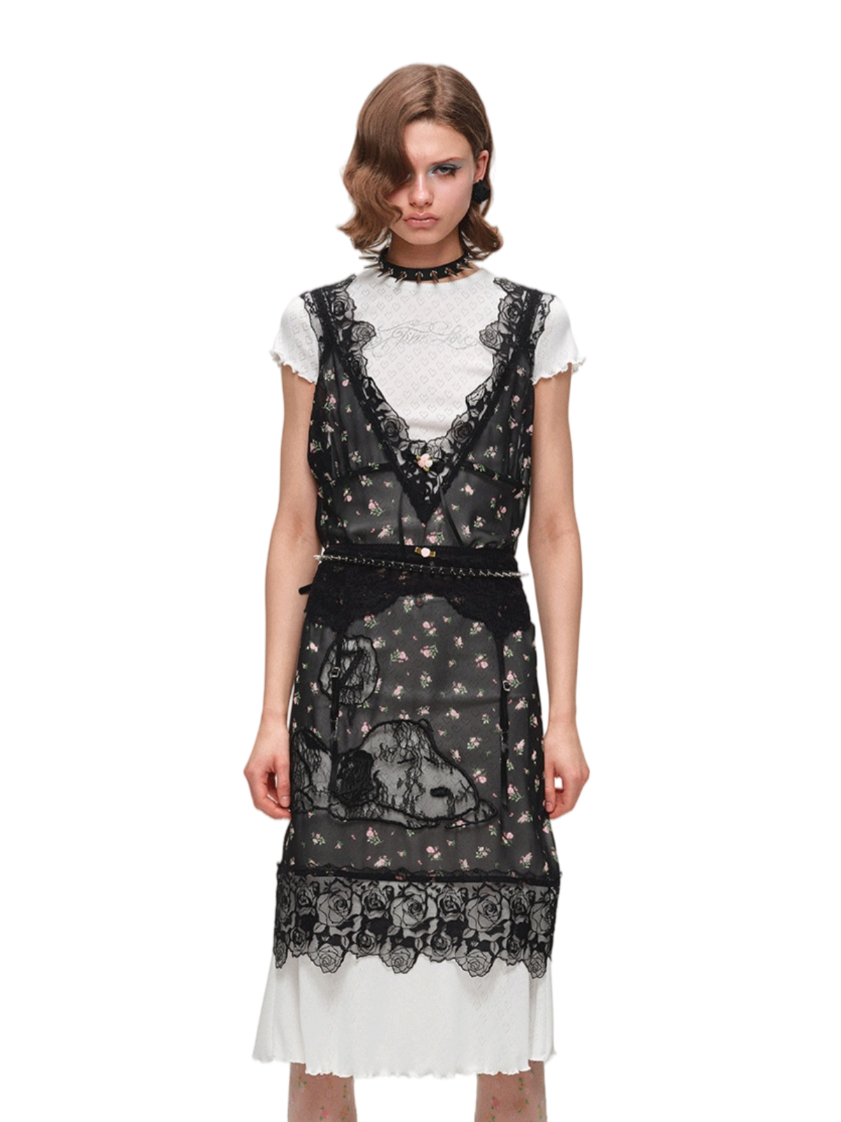 Lässiges Kleid mit V-Ausschnitt, Spitzenbesatz und Snoopy
