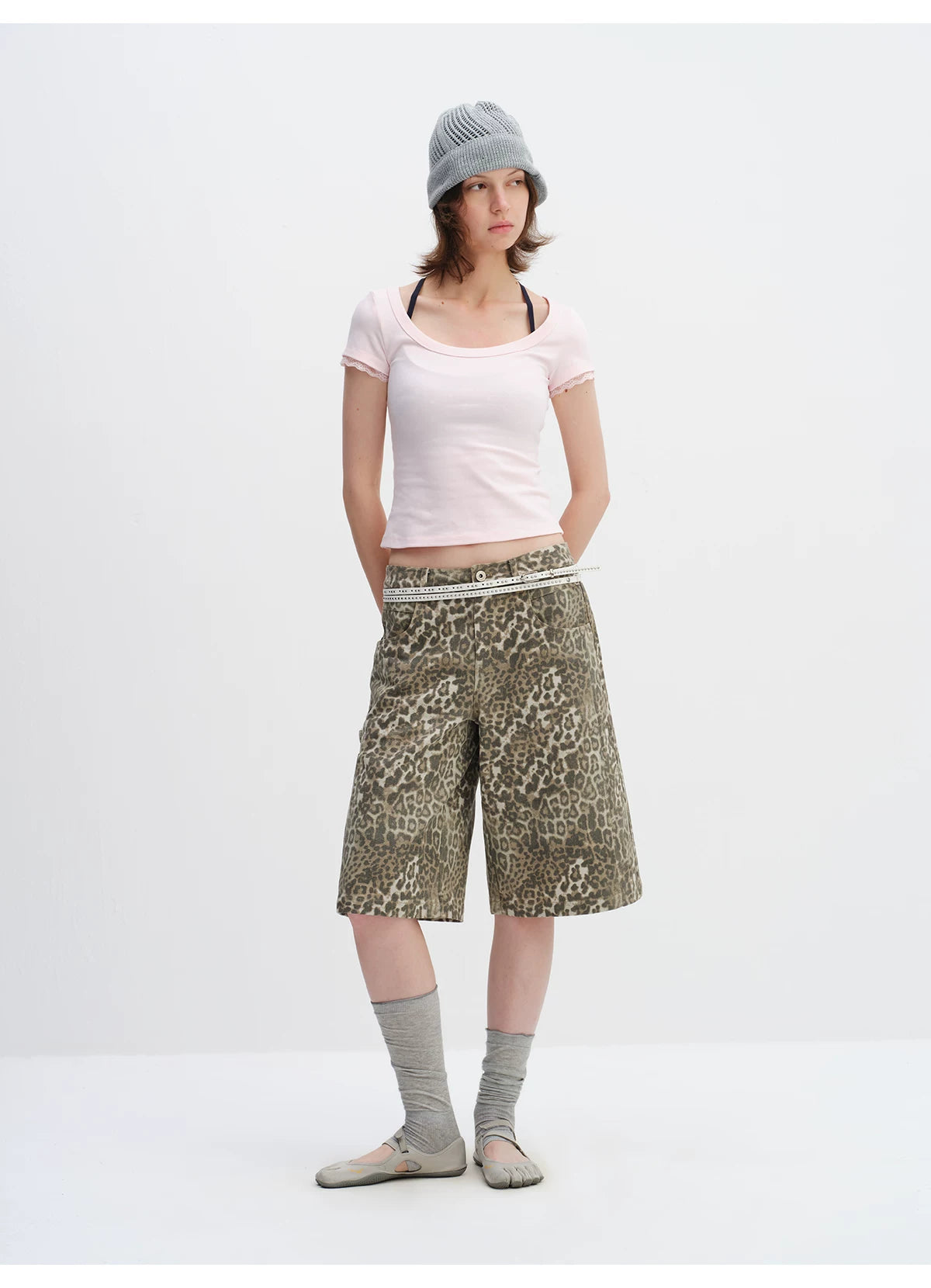 Vintage Leopard Print Relaxed Wide-Leg Bermuda Shorts