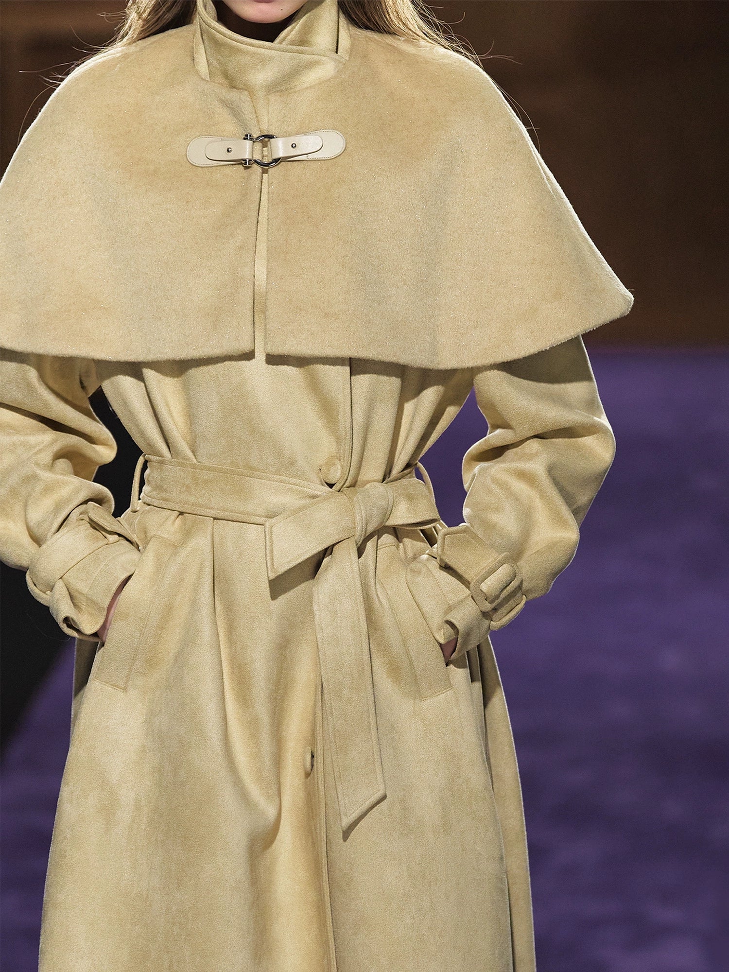 Shimmer Wool Cape Overlay & Suede Long Detachable Belt Coat