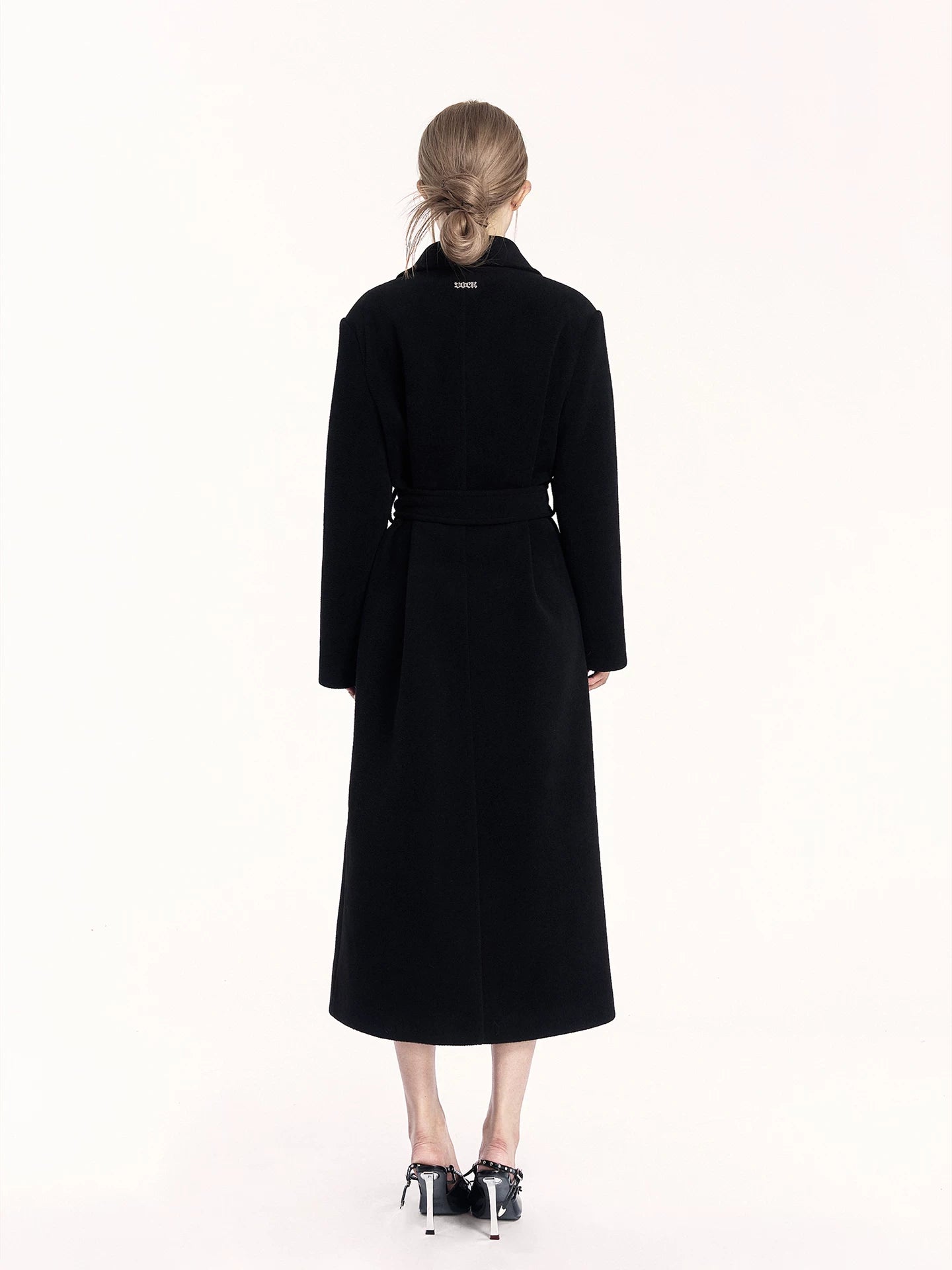 Padded-Shoulder Wool-Blend Long Coat