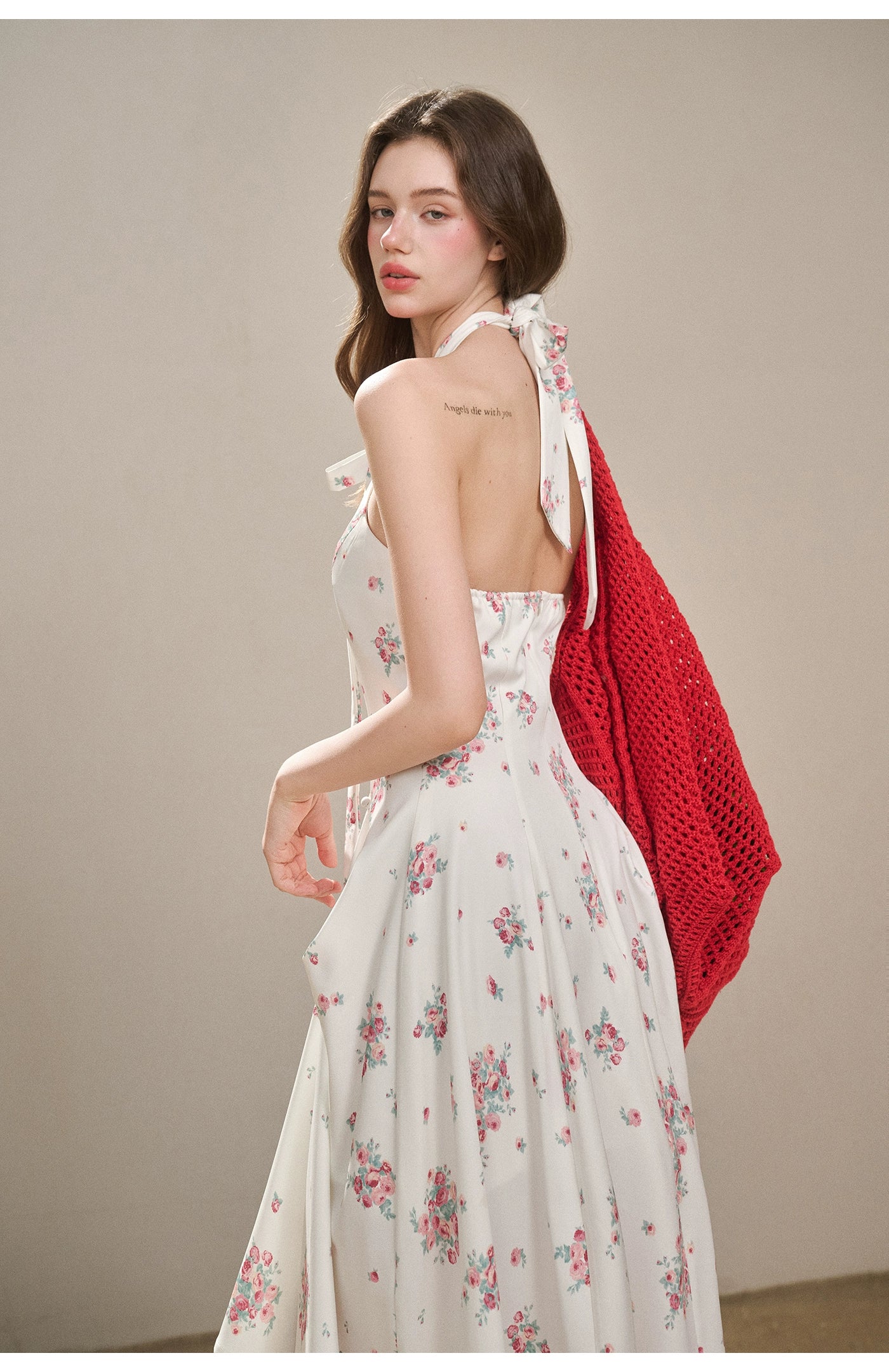 Rose Pleats Halter Midi Dress