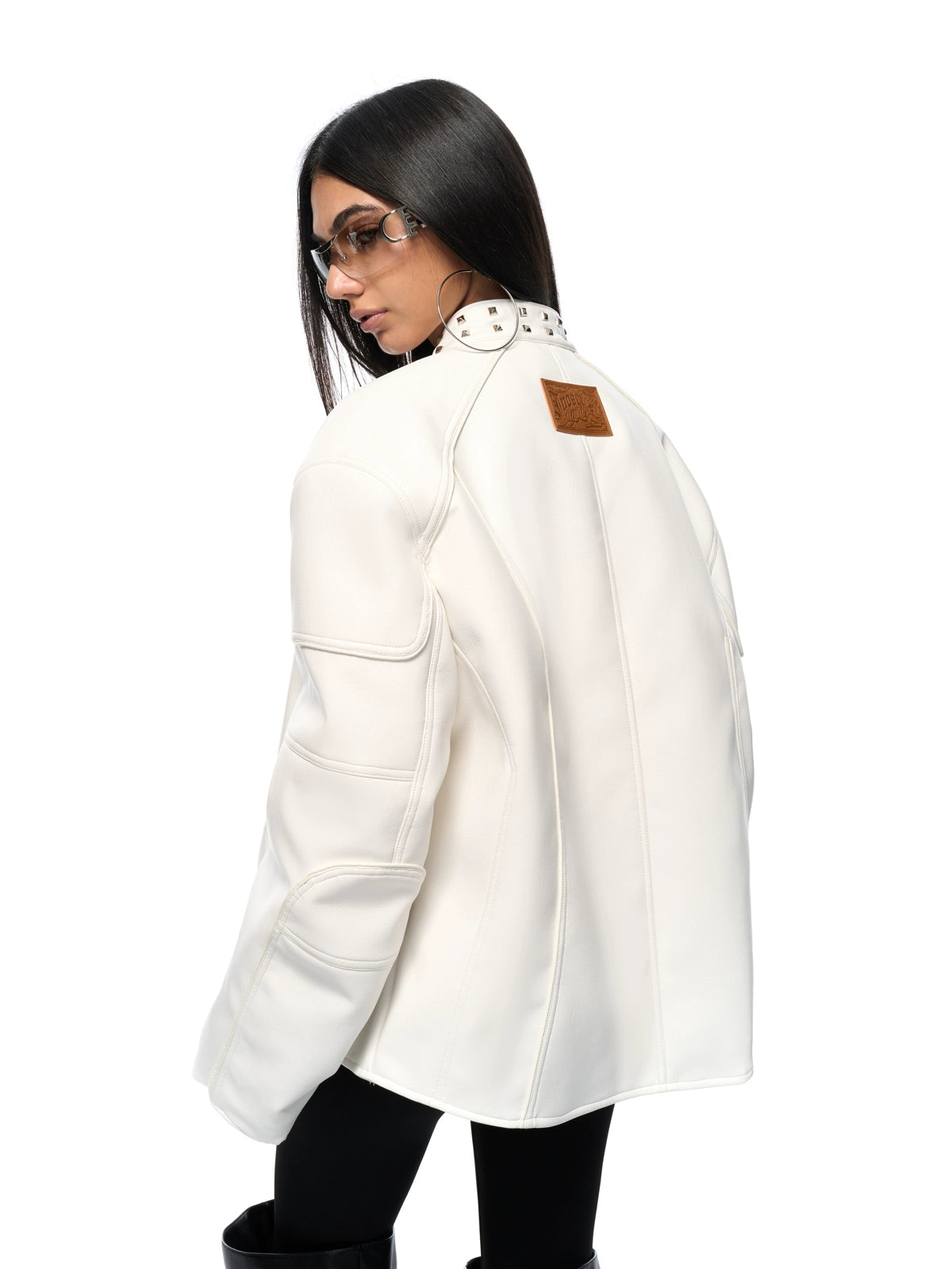 White Studded Stand-Collar Oversized Jacket