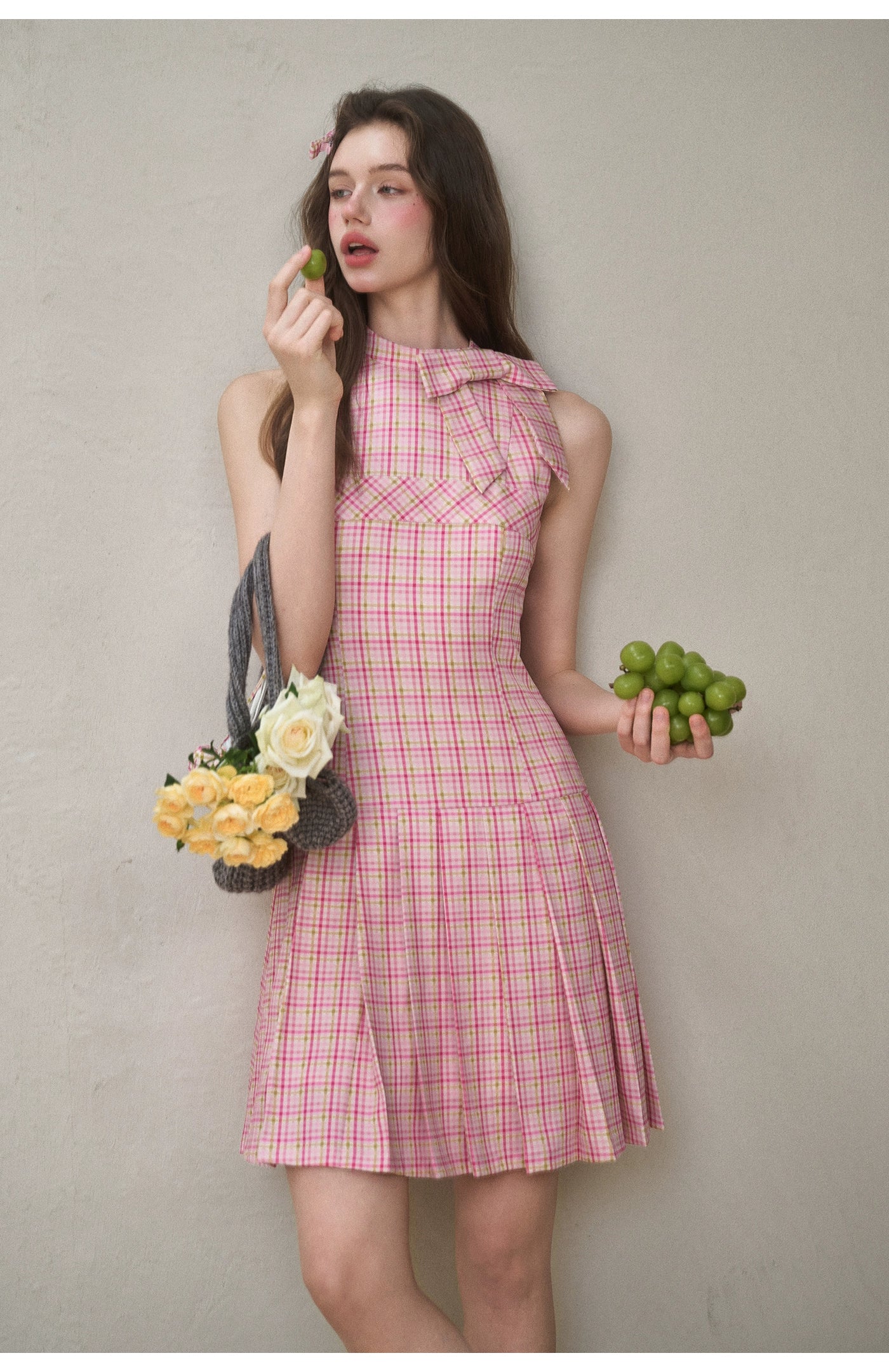Mint & Strawberry Check Halter Dress