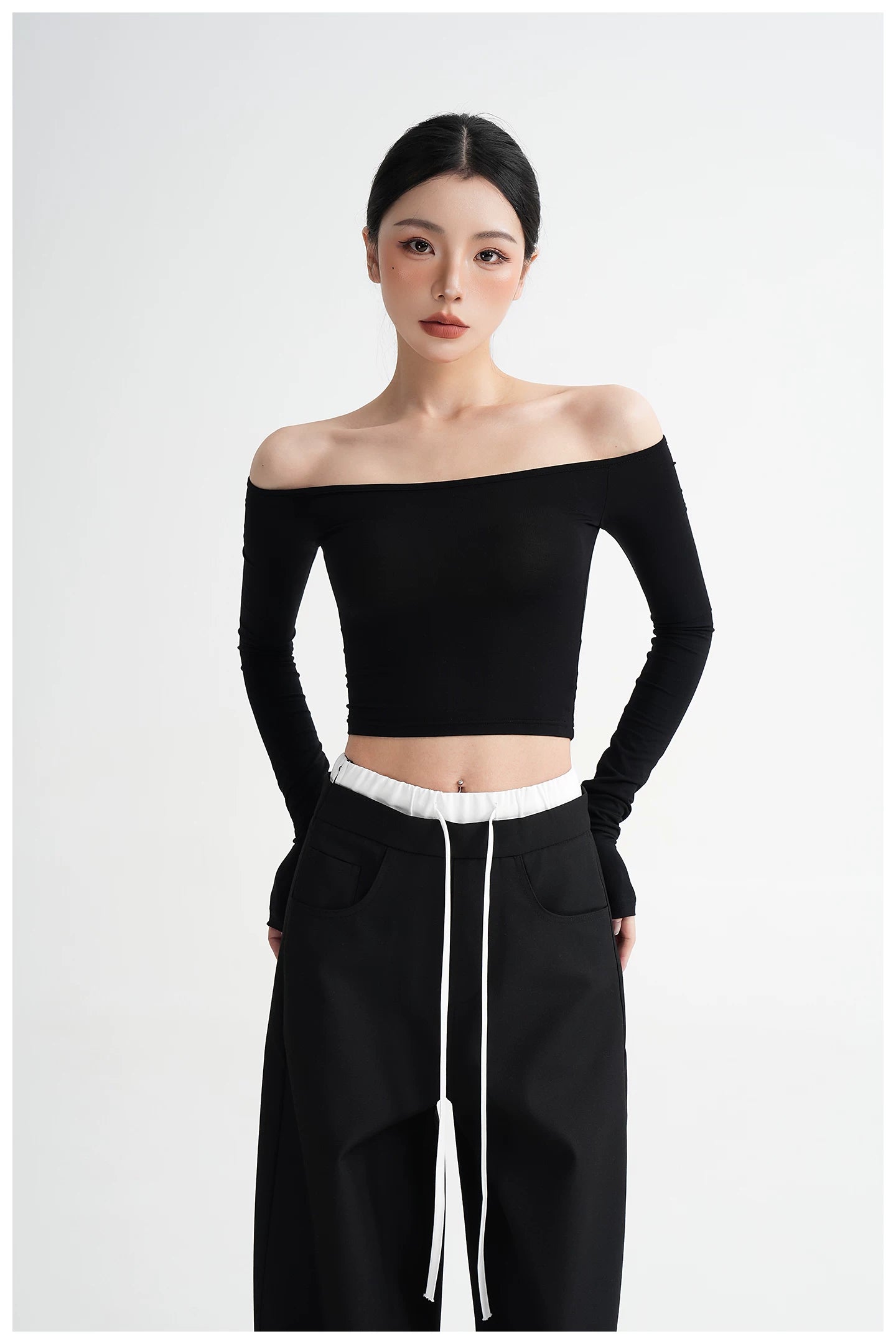 Off-Shoulder Cropped Fitted Long Sleeve T-Shirt