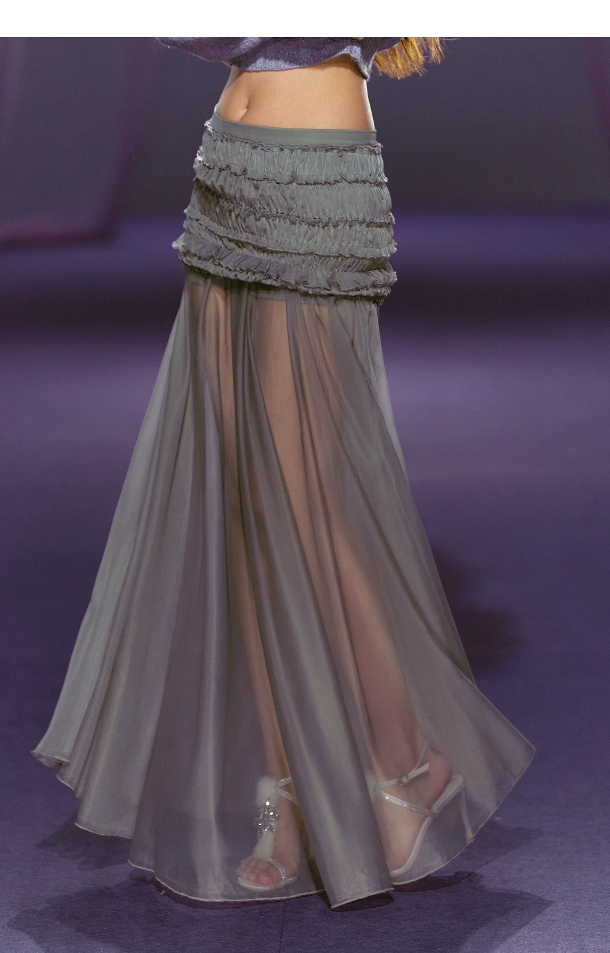 Ruched Semi-Sheer Mesh Maxi Skirt