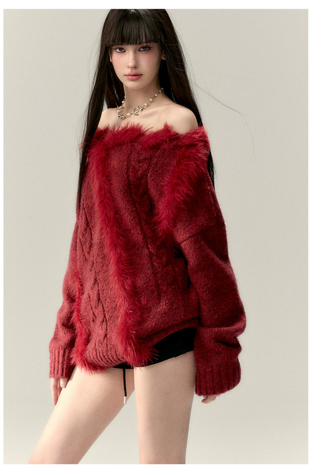 Off-Shoulder Patchwork Cable Knit Sweater