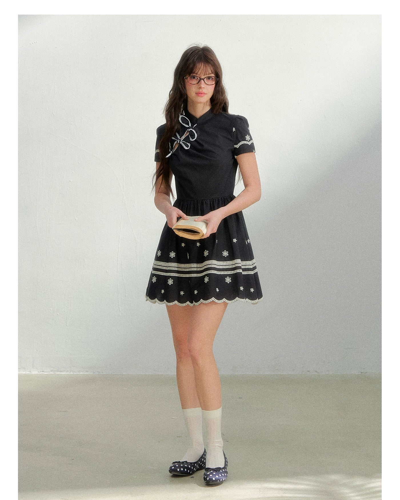 Polka Dot Embroidered Bow Cheongsam Dress