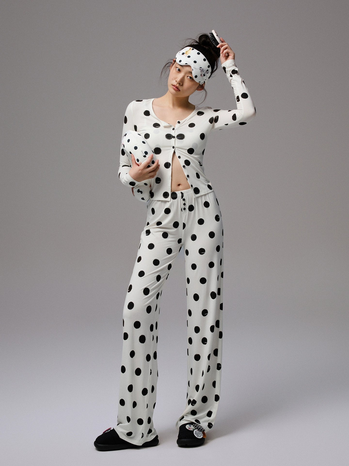 Polka Dot Contrast Knit Cardigan & Lounge Pants Set