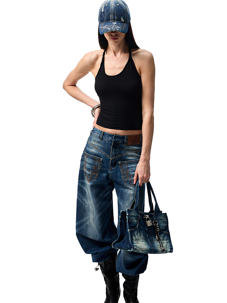 Slanted U-Neck Knot Embroidery Vest - CHINASQUAD