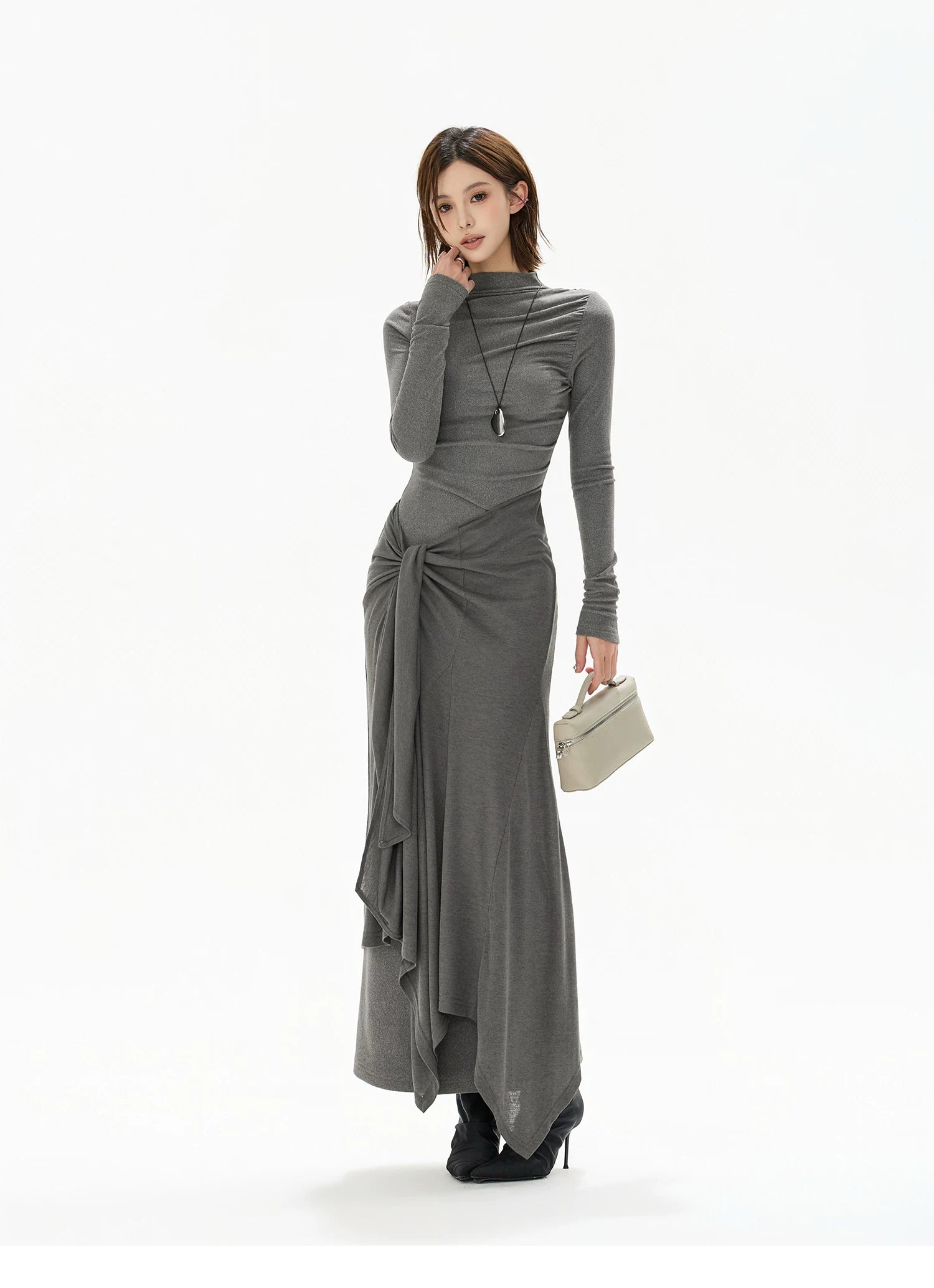 Half-High Neck Tie-Detail Knit Maxi Dress