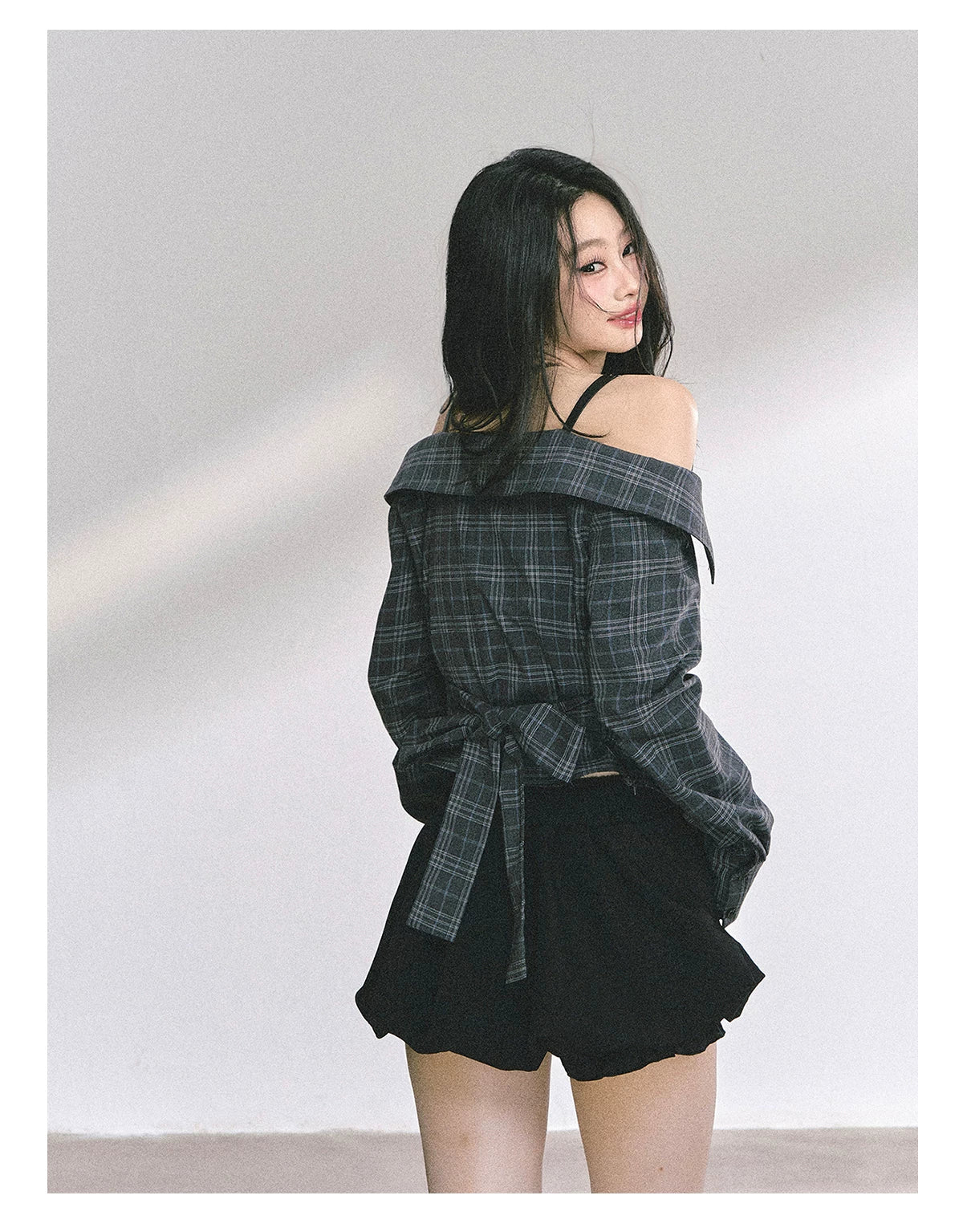 Off-Shoulder Plaid Long-Sleeve Shirt