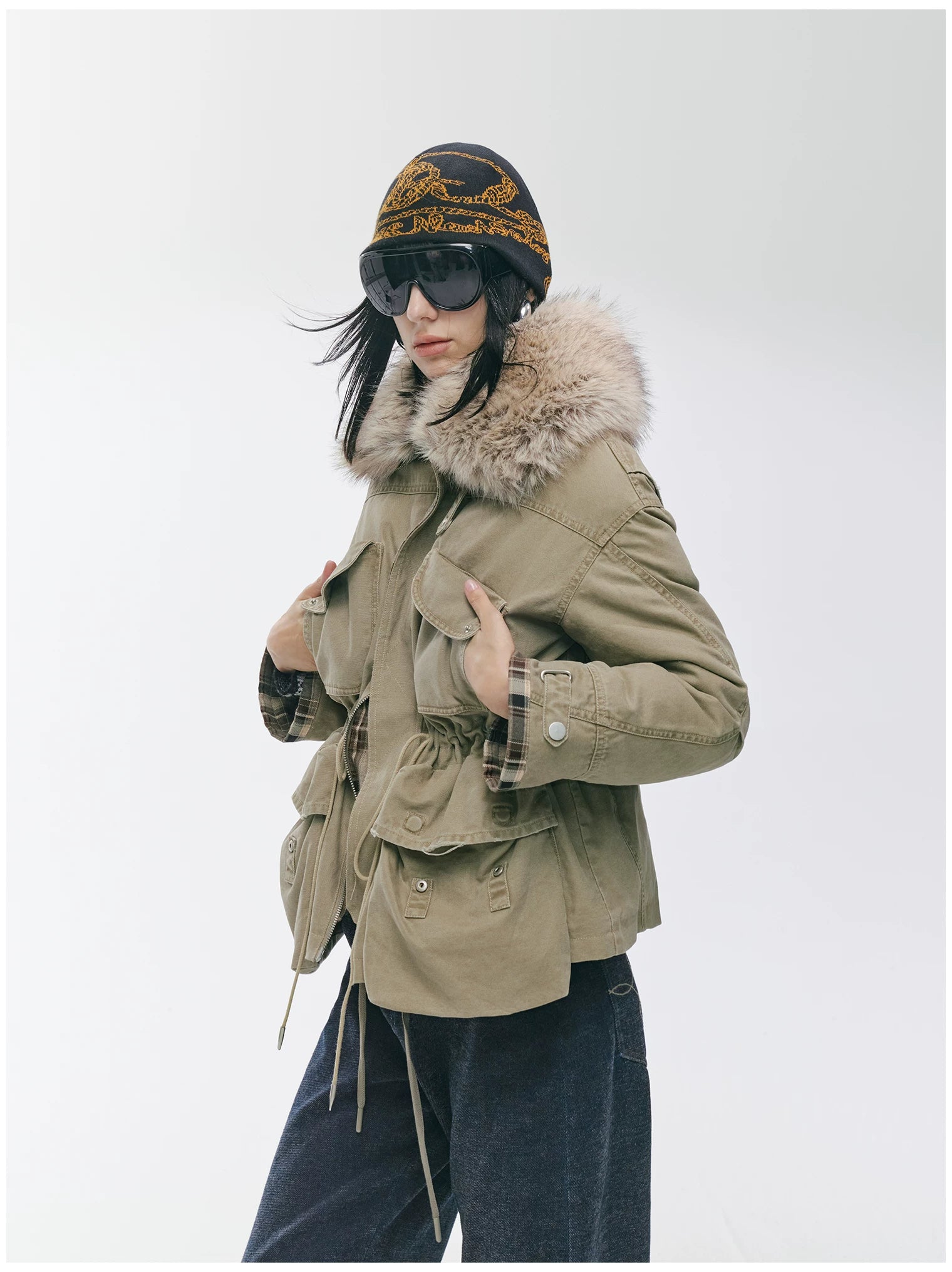 Detachable Fur Collar Utility Down Jacket