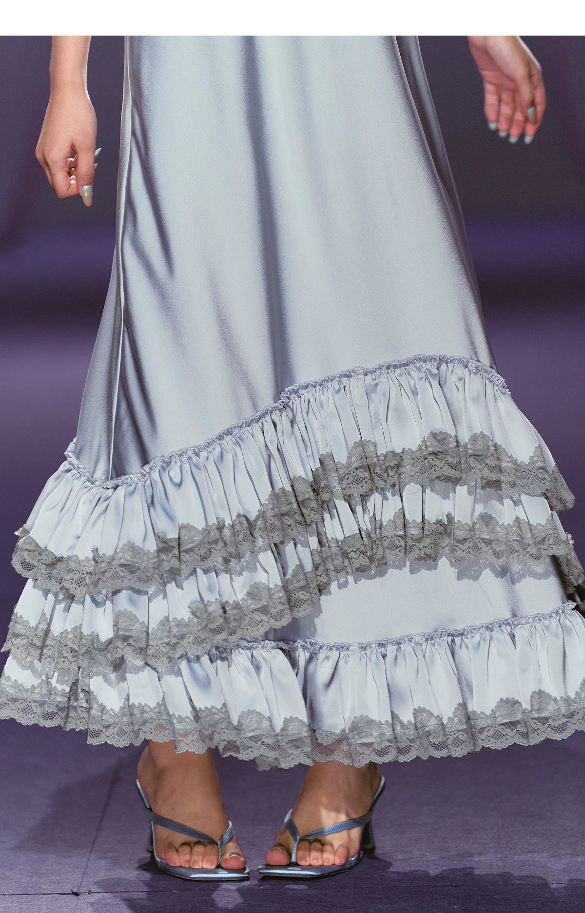 French Lace-Spliced Satin A-Line Maxi Dress