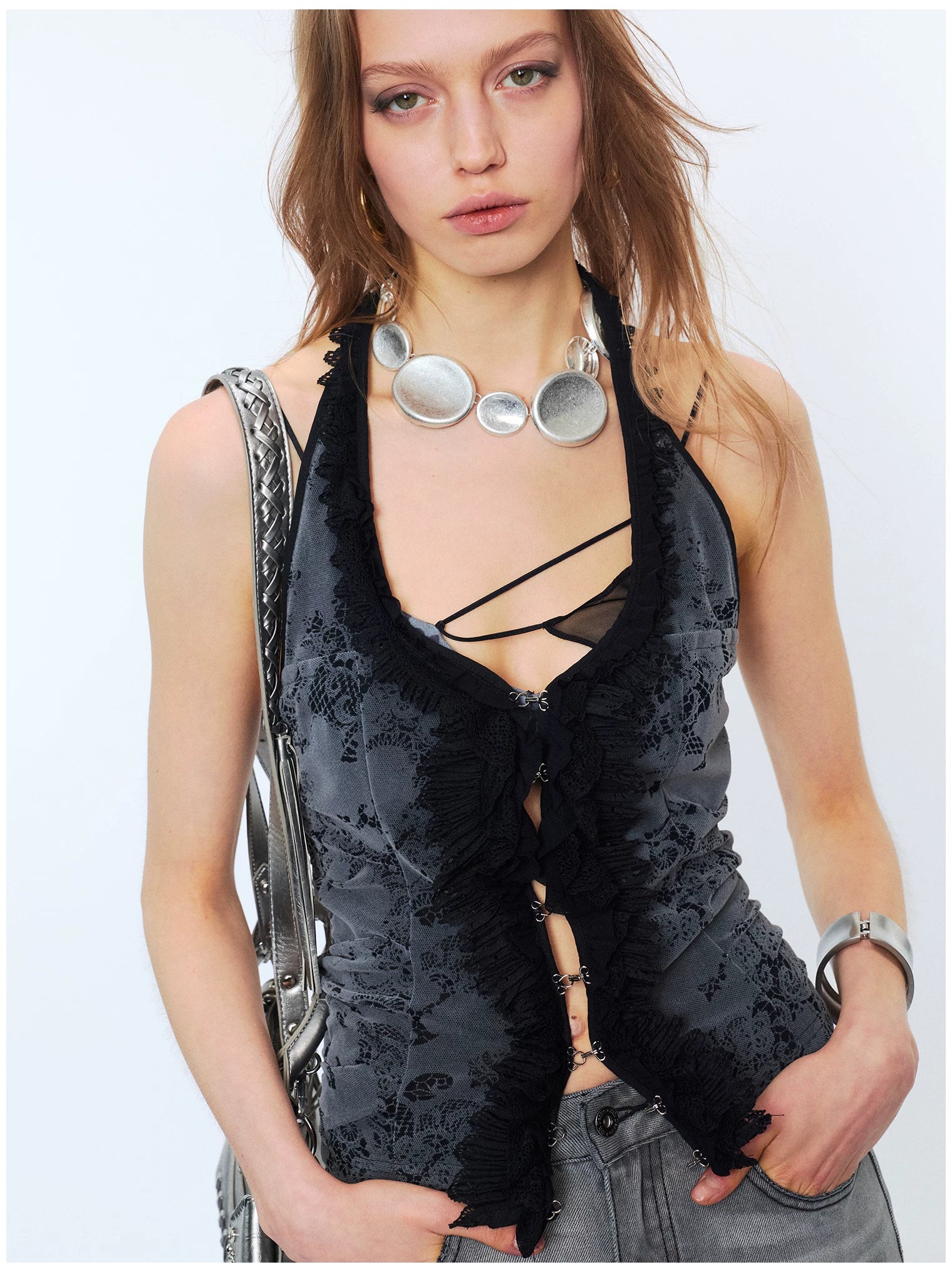 Lace Ruffle Floral Halterneck Camisole