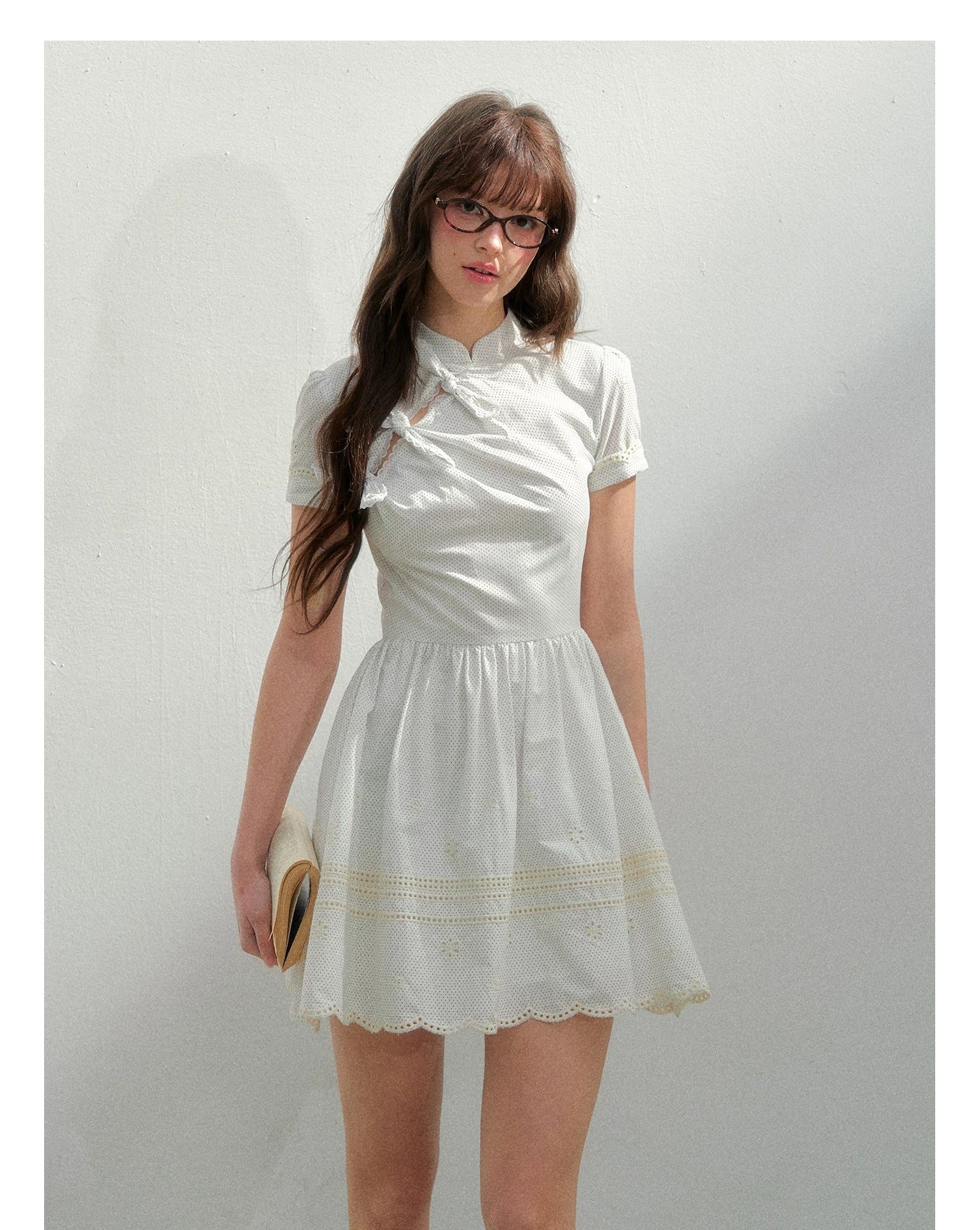 Polka Dot Embroidered Bow Cheongsam Dress