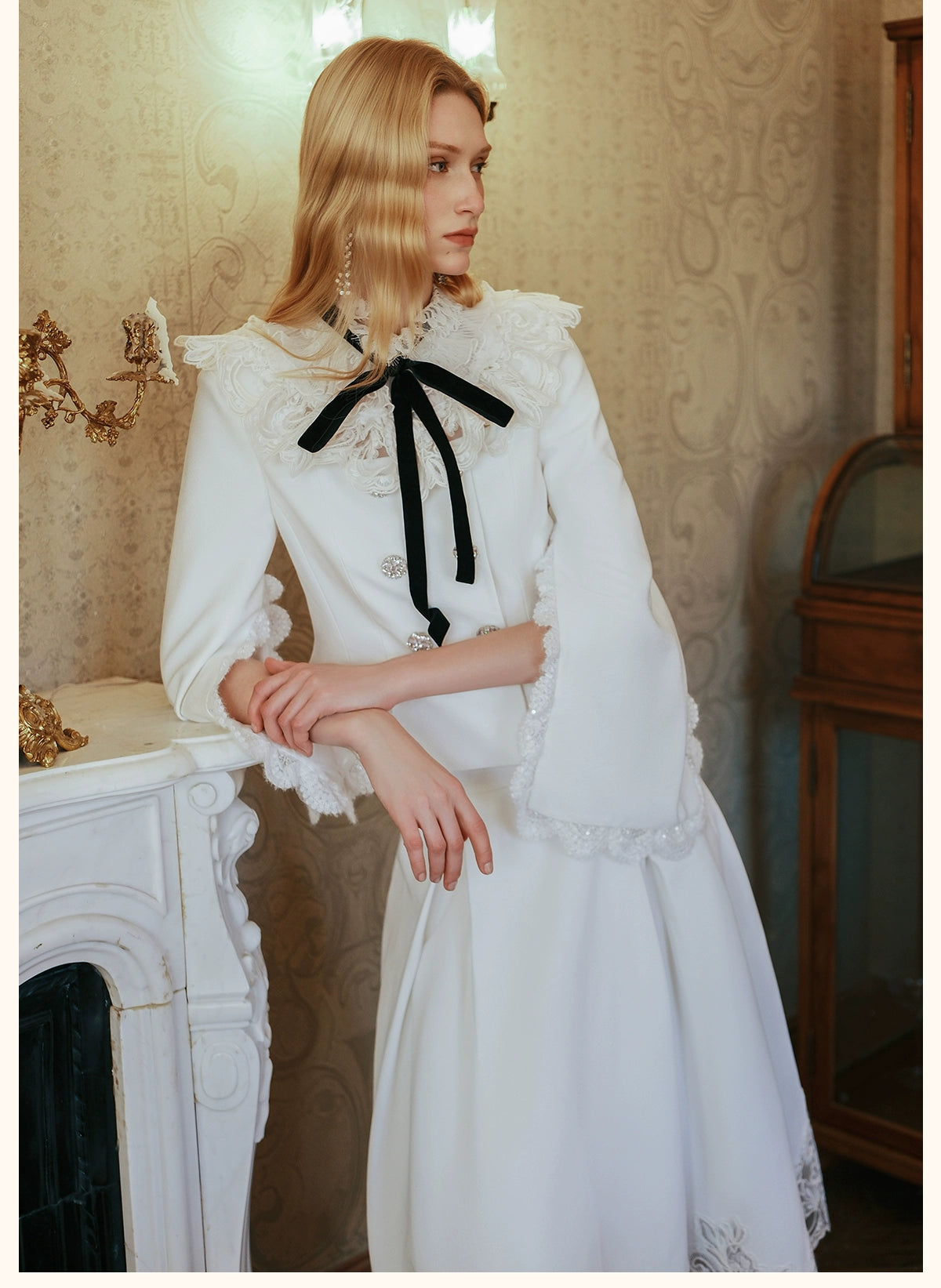 Mirage Vintage Lace-Collar Blazer & Flared Skirt Set - CHINASQUAD