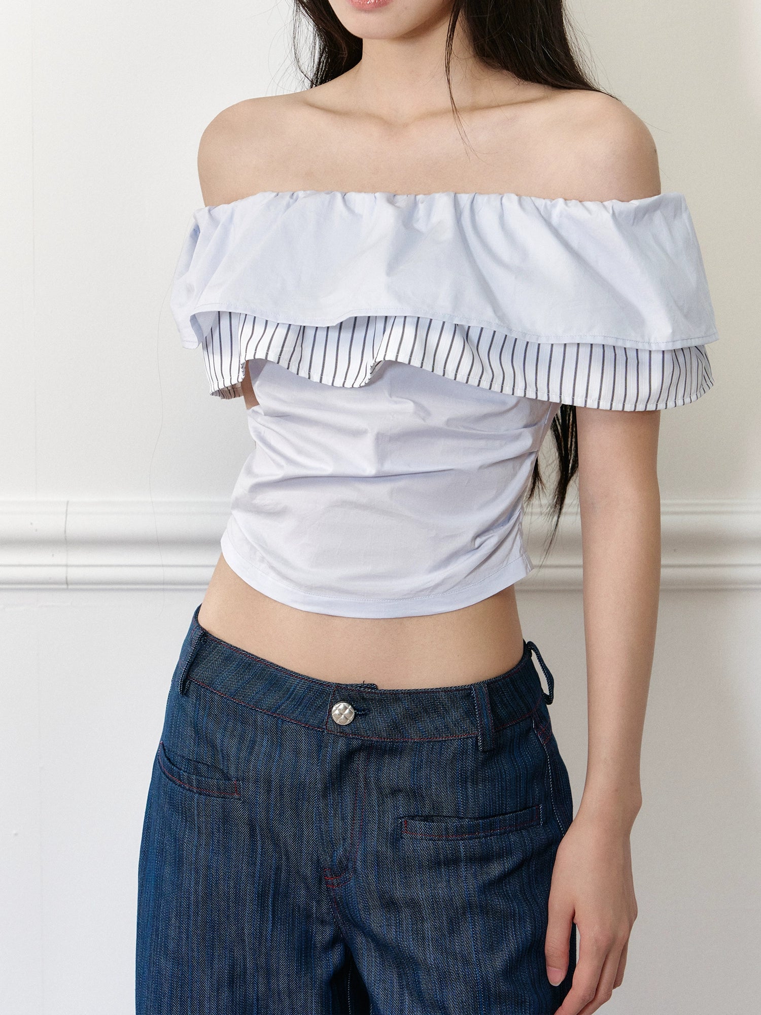 Color-block Stripe Wave Off-shoulder T-shirt - CHINASQUAD