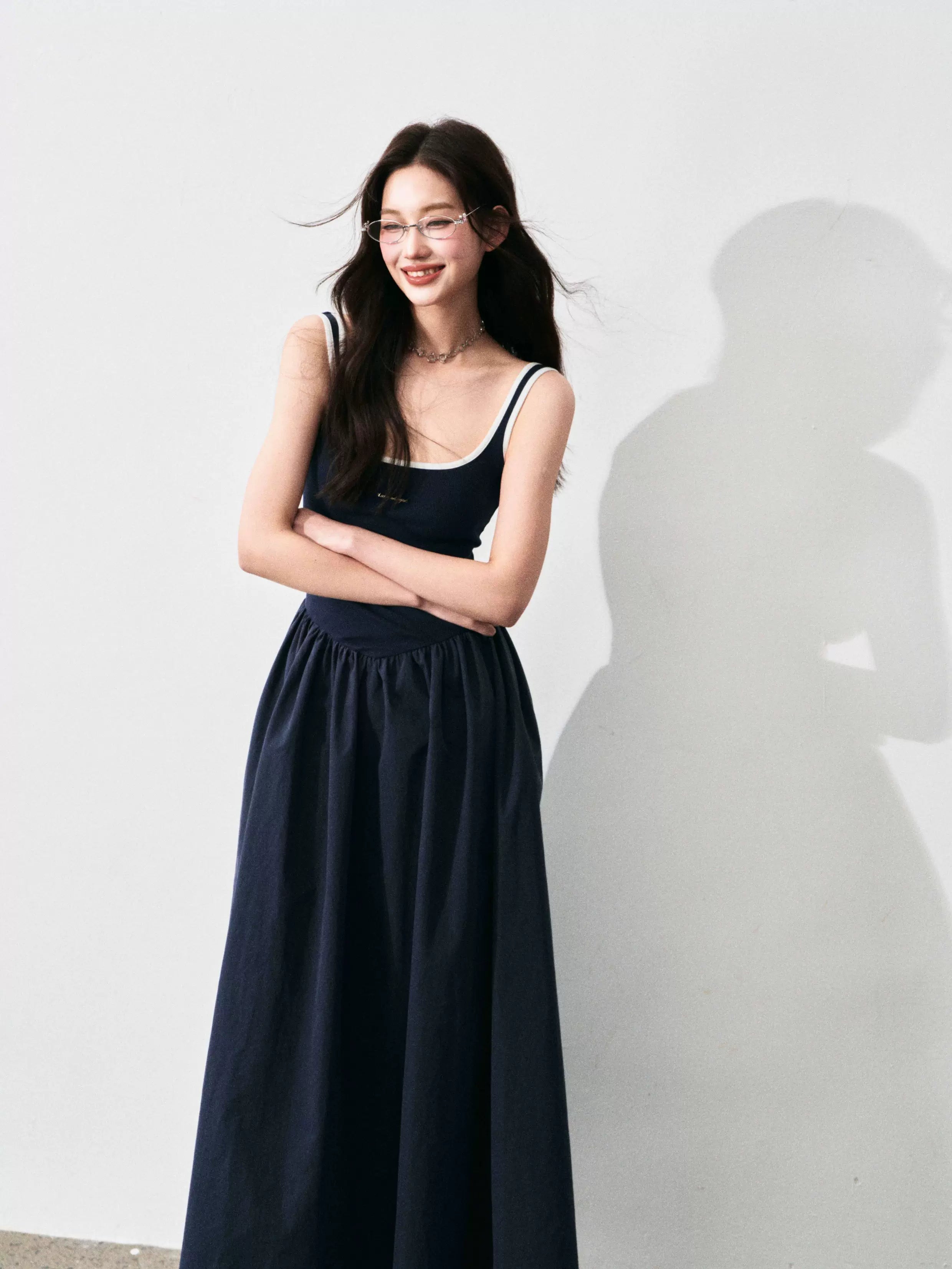 Contrast-Trim Backless Slip Maxi Dress