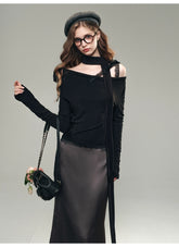 (Final Sale) White & Black Off-Shoulder Lace Knit Crewneck - CHINASQUAD