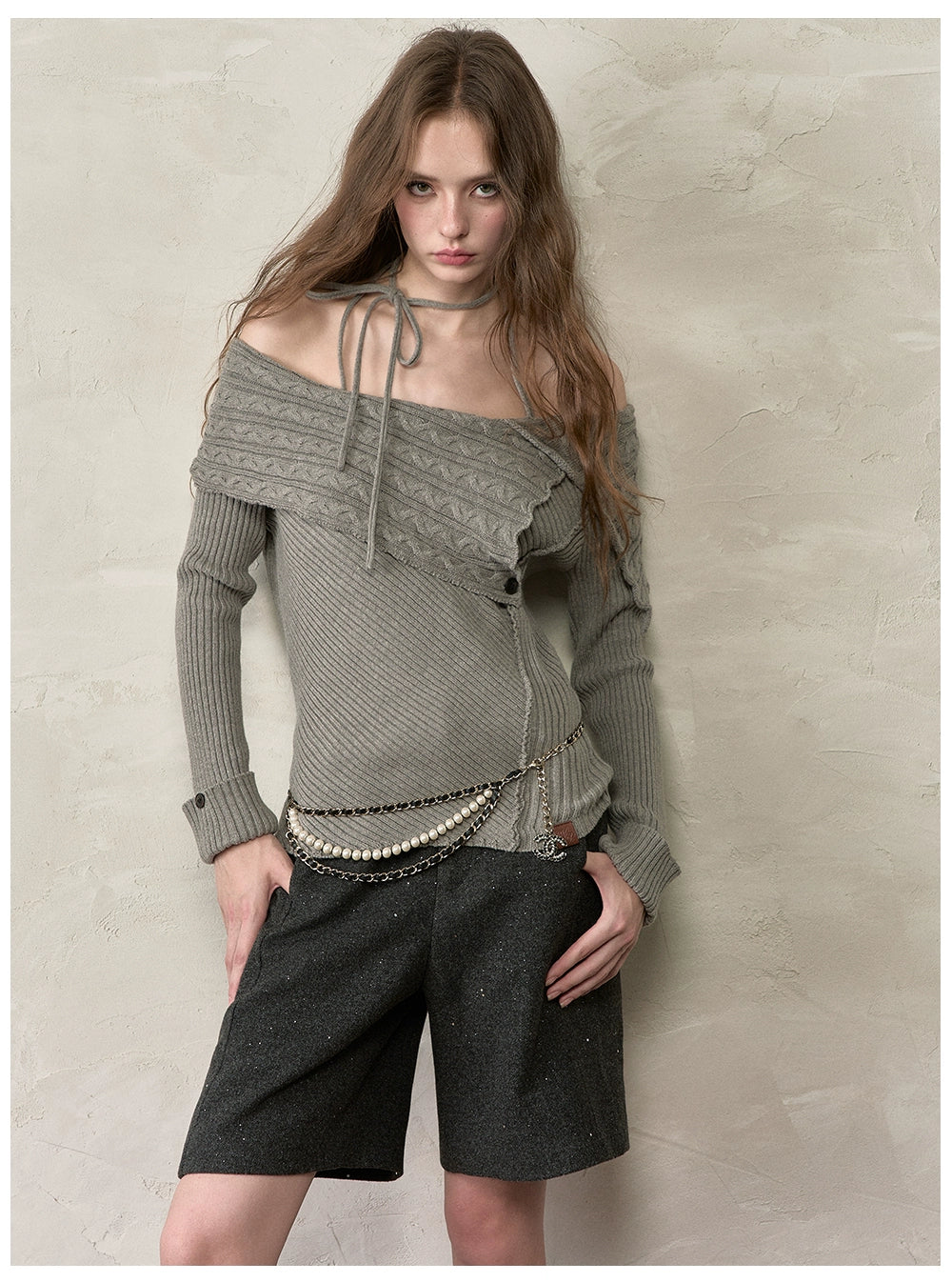 Off-Shoulder Halter Neck Cable Knit Sweater - CHINASQUAD