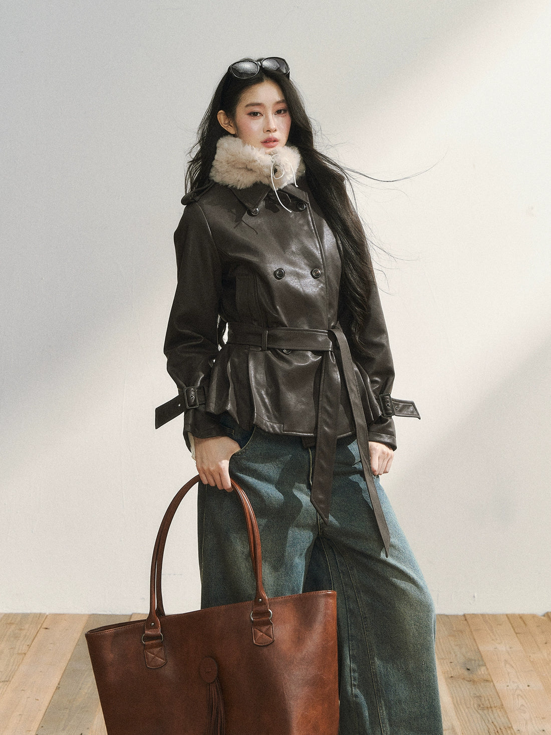 Vintage Brown Belted Faux Leather Wool Jacket