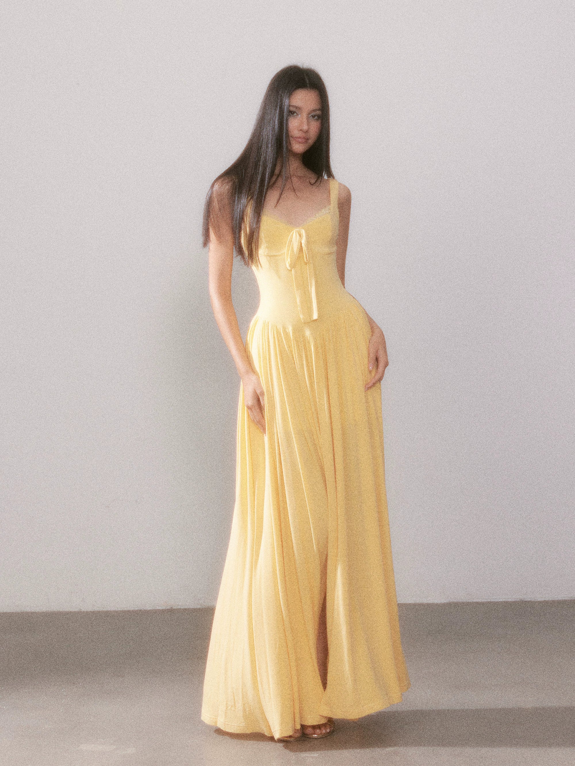 Lace Knit Spaghetti Strap Slit Long Dress - CHINASQUAD