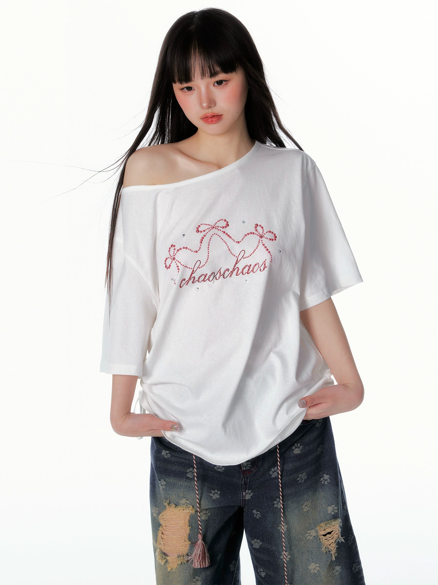 Asymmetric Bow & Pearl Off-Shoulder T-Shirt