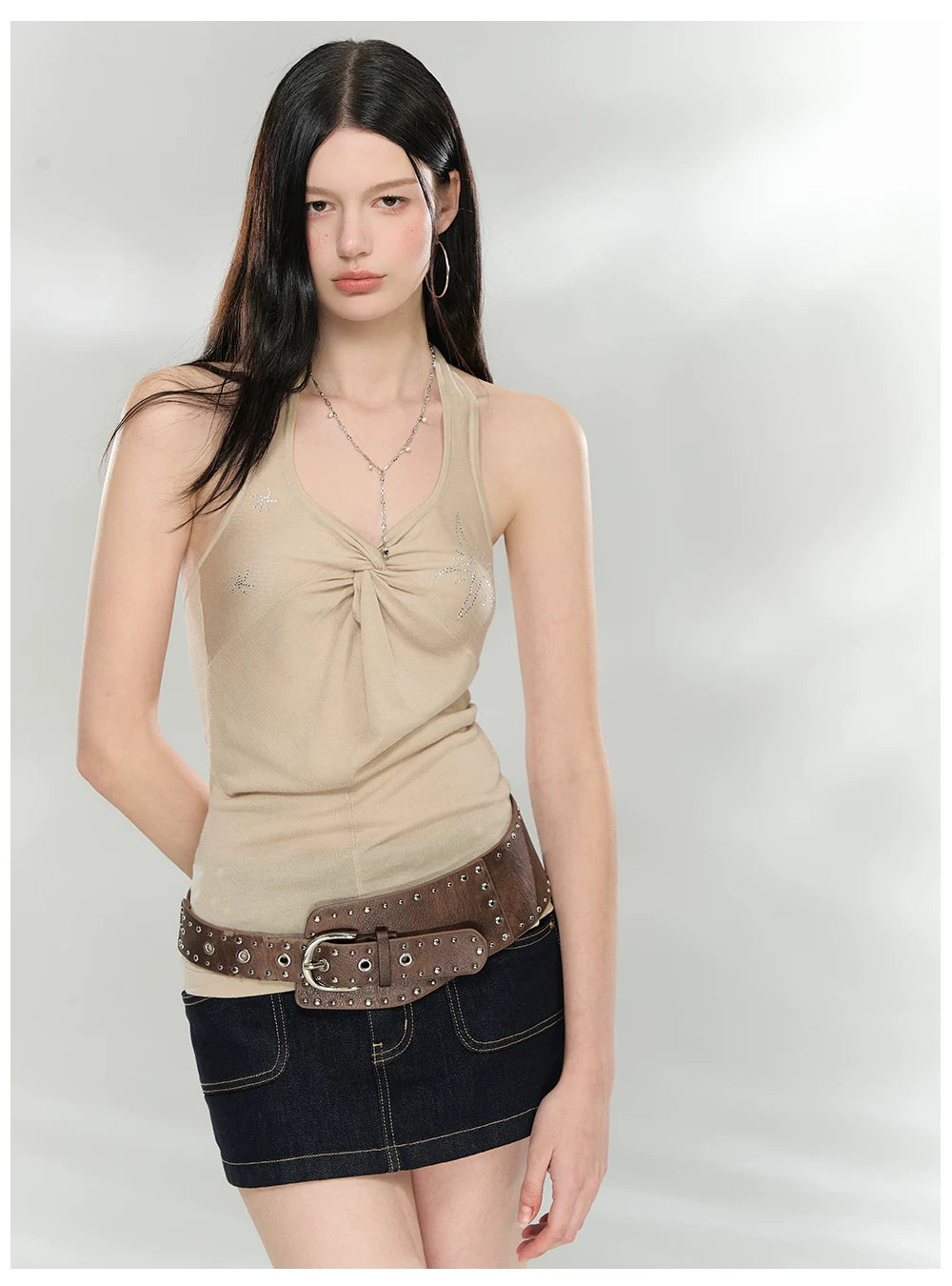 Rhinestone Knot Halter Knit Vest