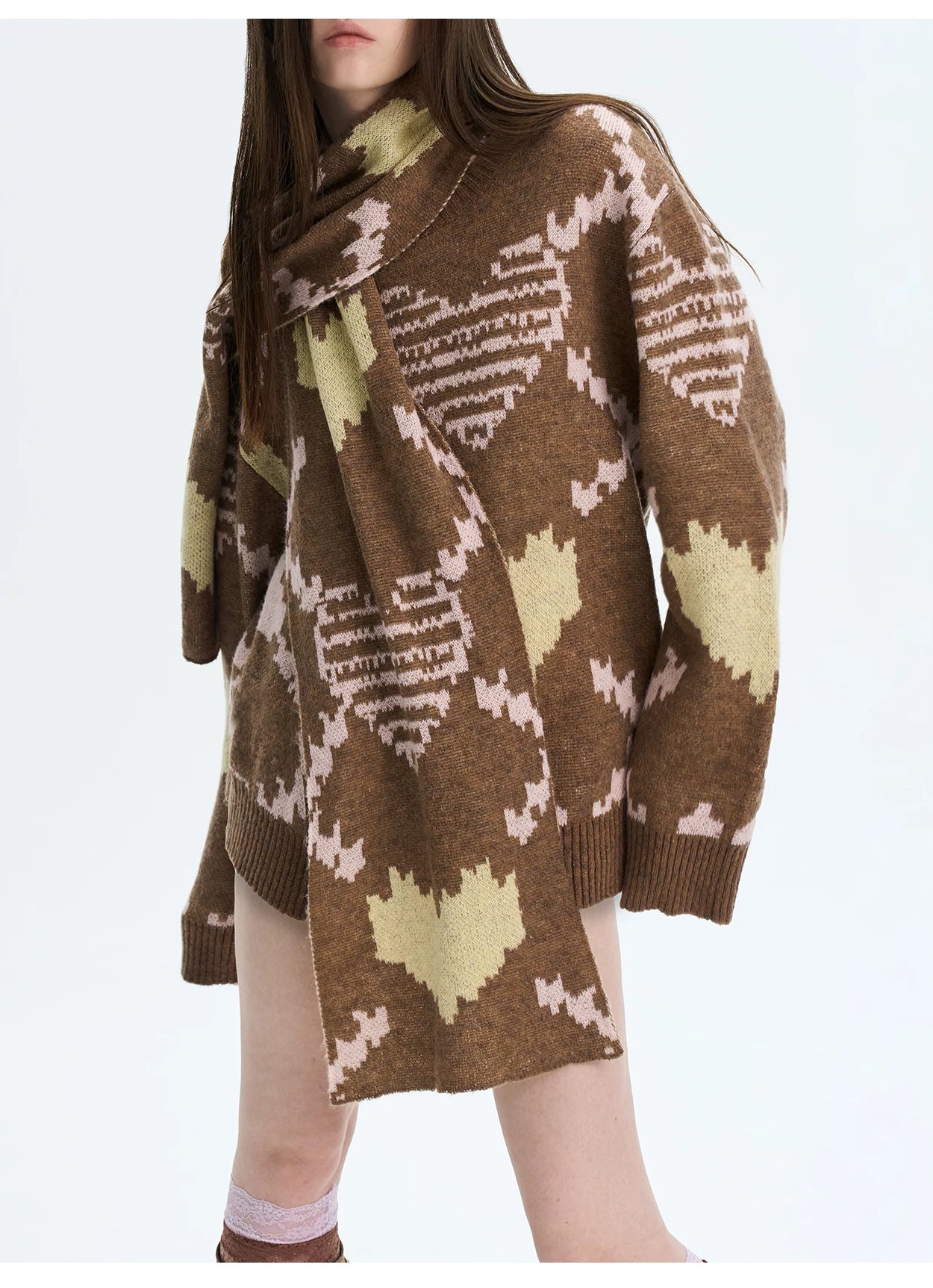 Retro Pixel Jacquard Knit Sweater & Scarf Set