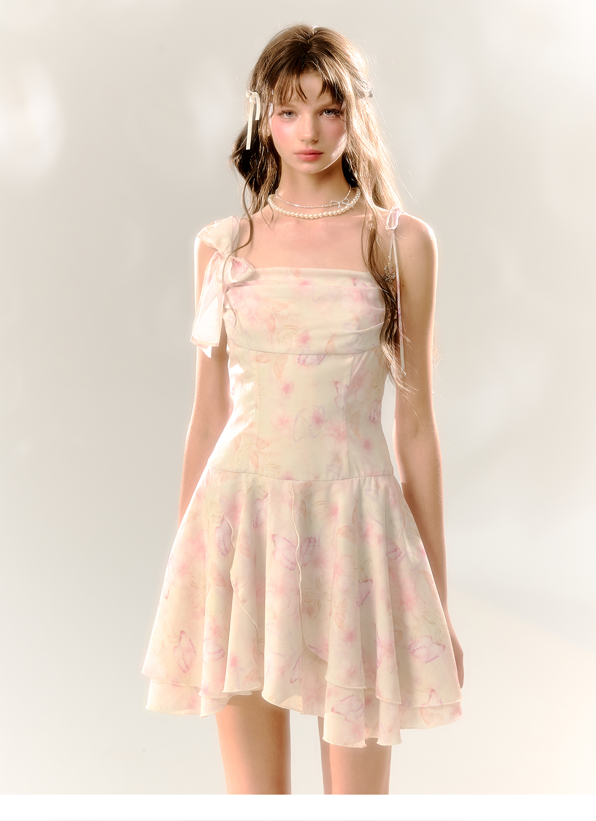 White Butterfly Print Cinched Waist Dress - CHINASQUAD