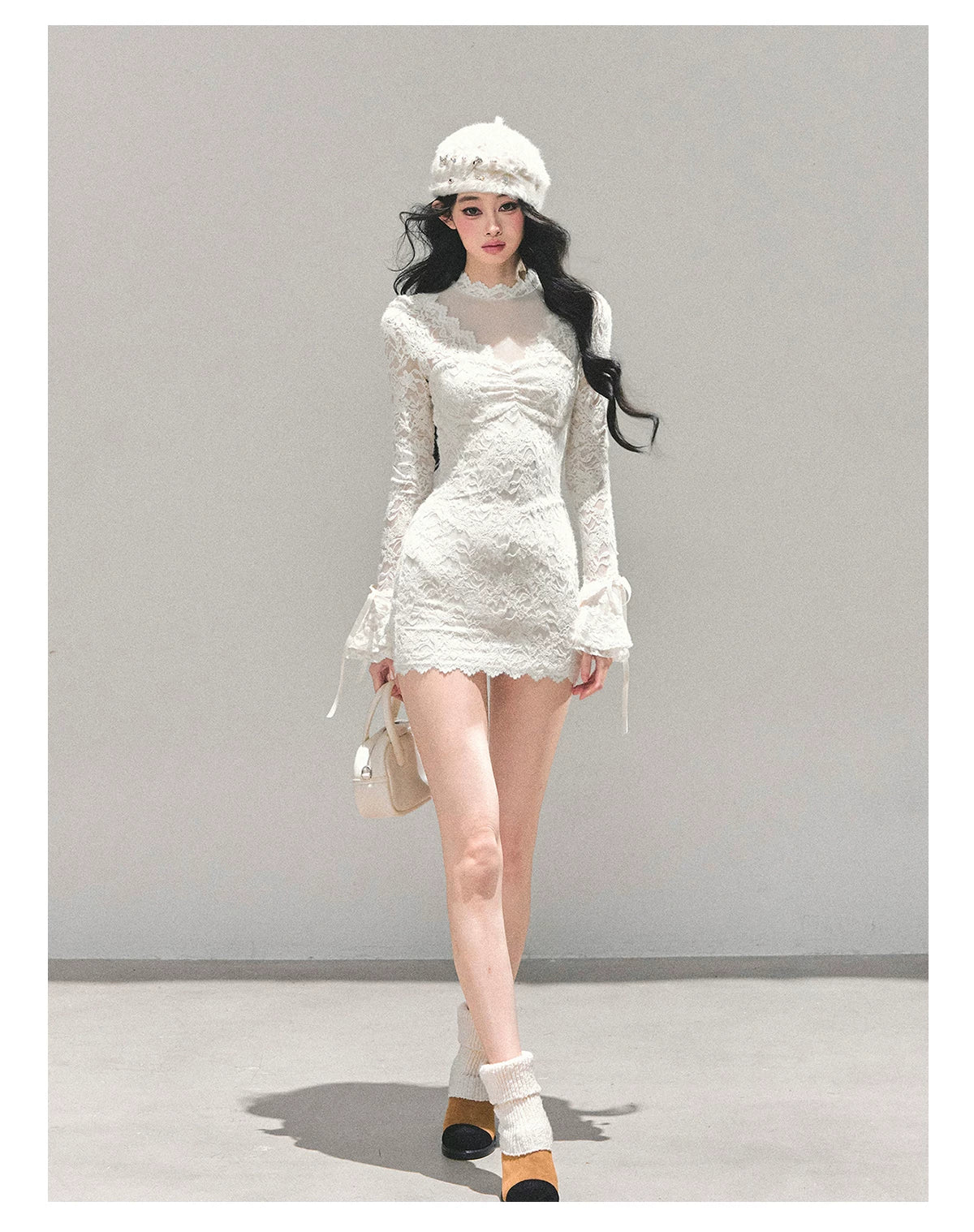 Lace Mesh Long-Sleeve Mini Dress