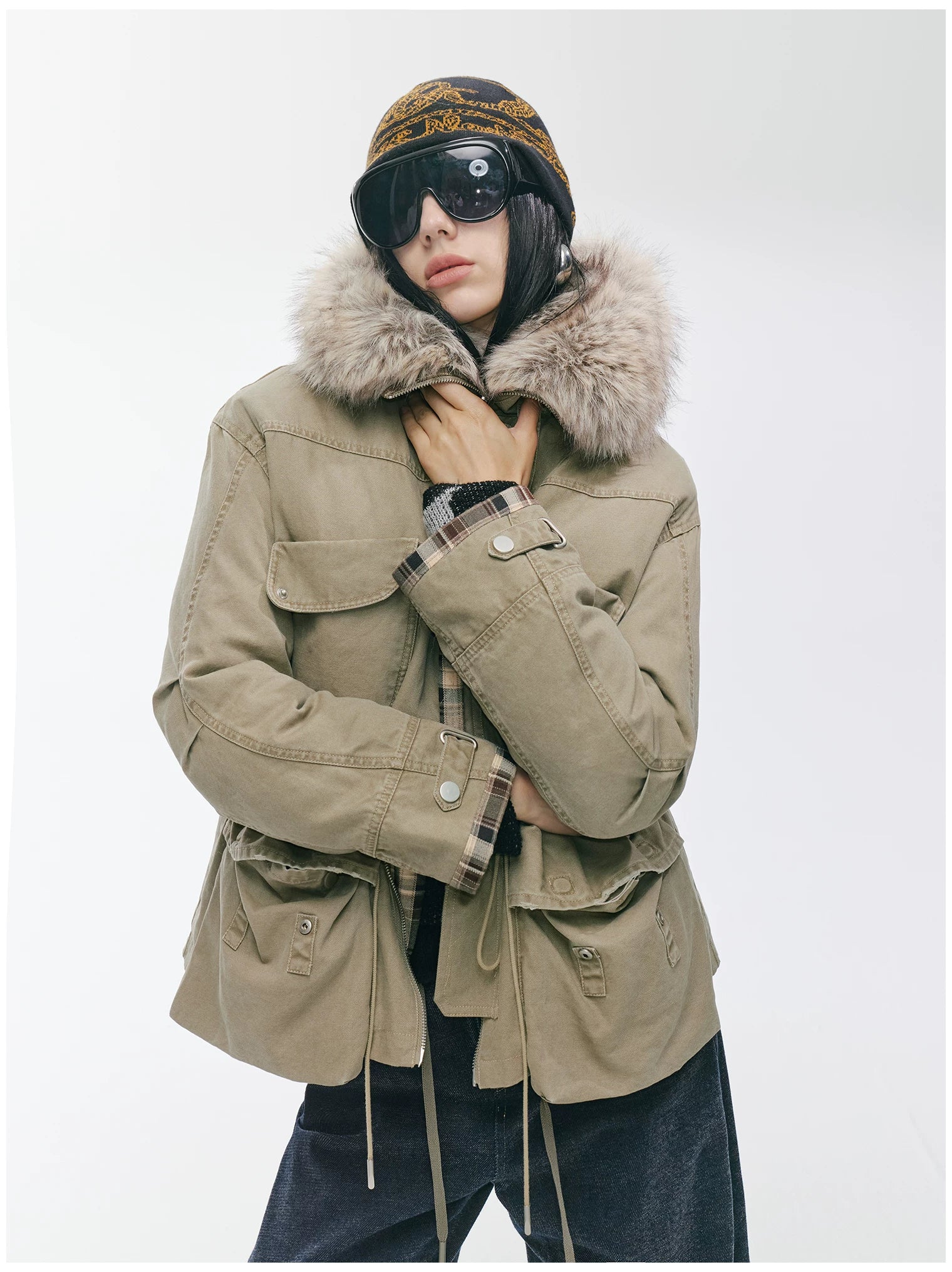 Detachable Fur Collar Utility Down Jacket