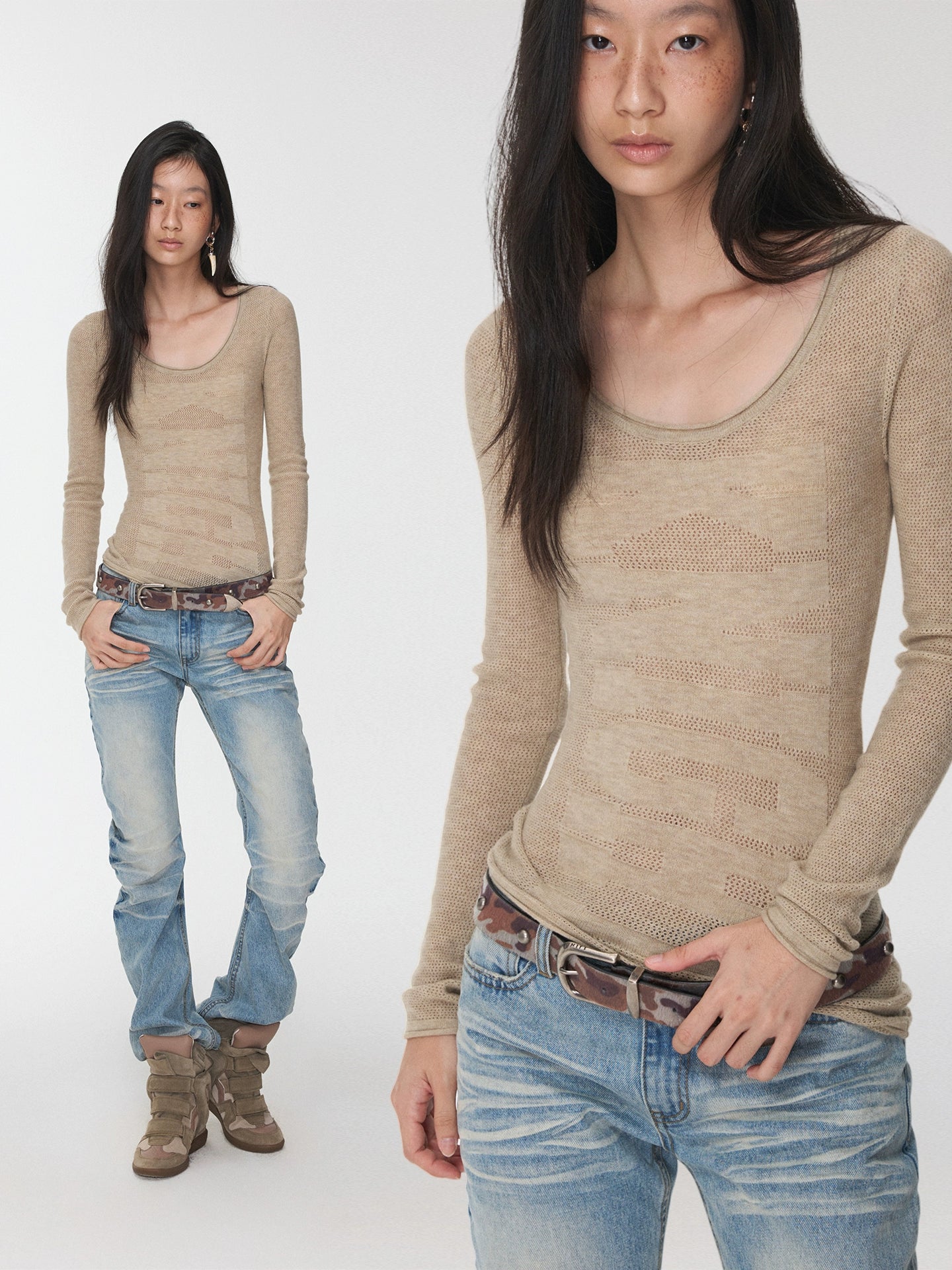Textured Jacquard Knit Round-Neck Sweater - CHINASQUAD
