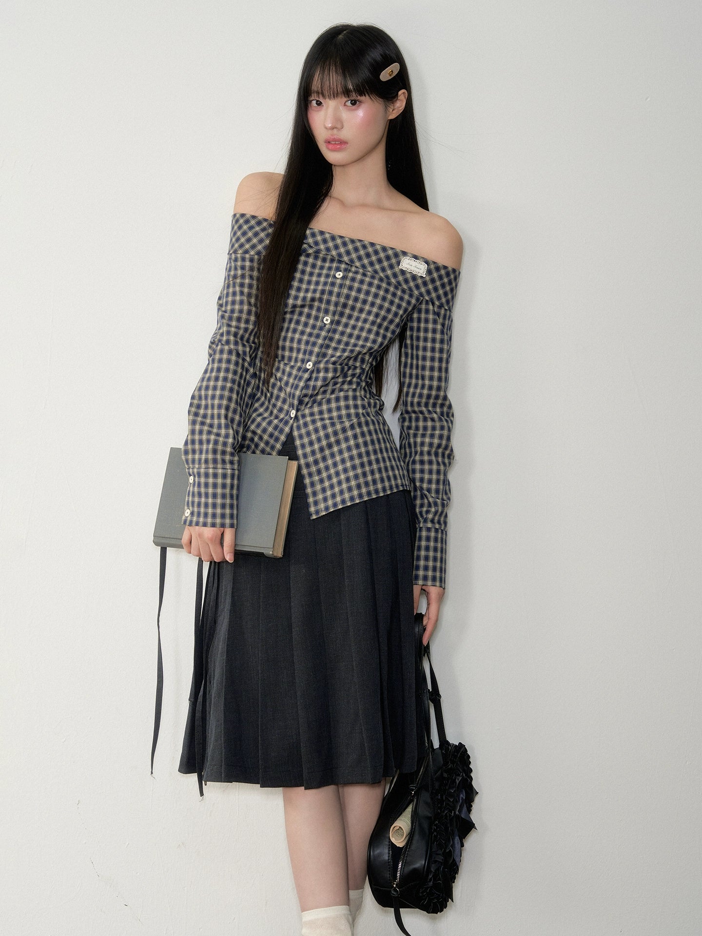 One-Shoulder Waist-Cinching Checked Shirt - CHINASQUAD