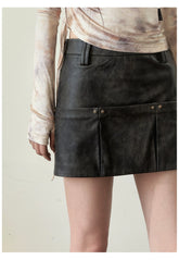Dark Brown Studded PU Leather Skirt - CHINASQUAD