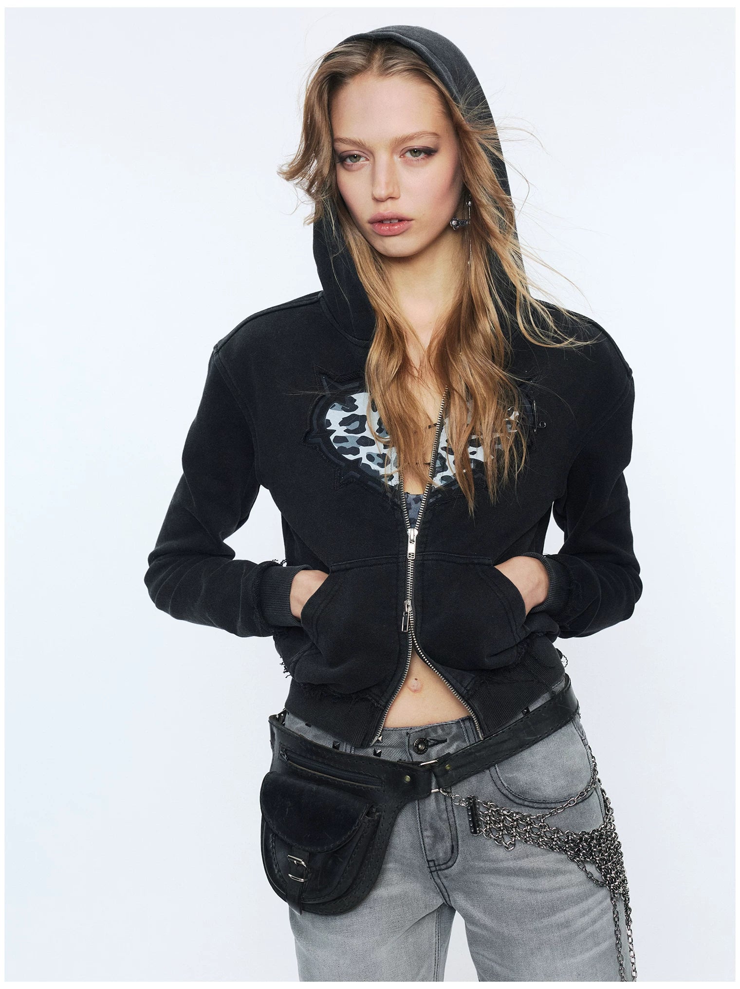 Love Leopard Print Embroidered Zip Hoodie