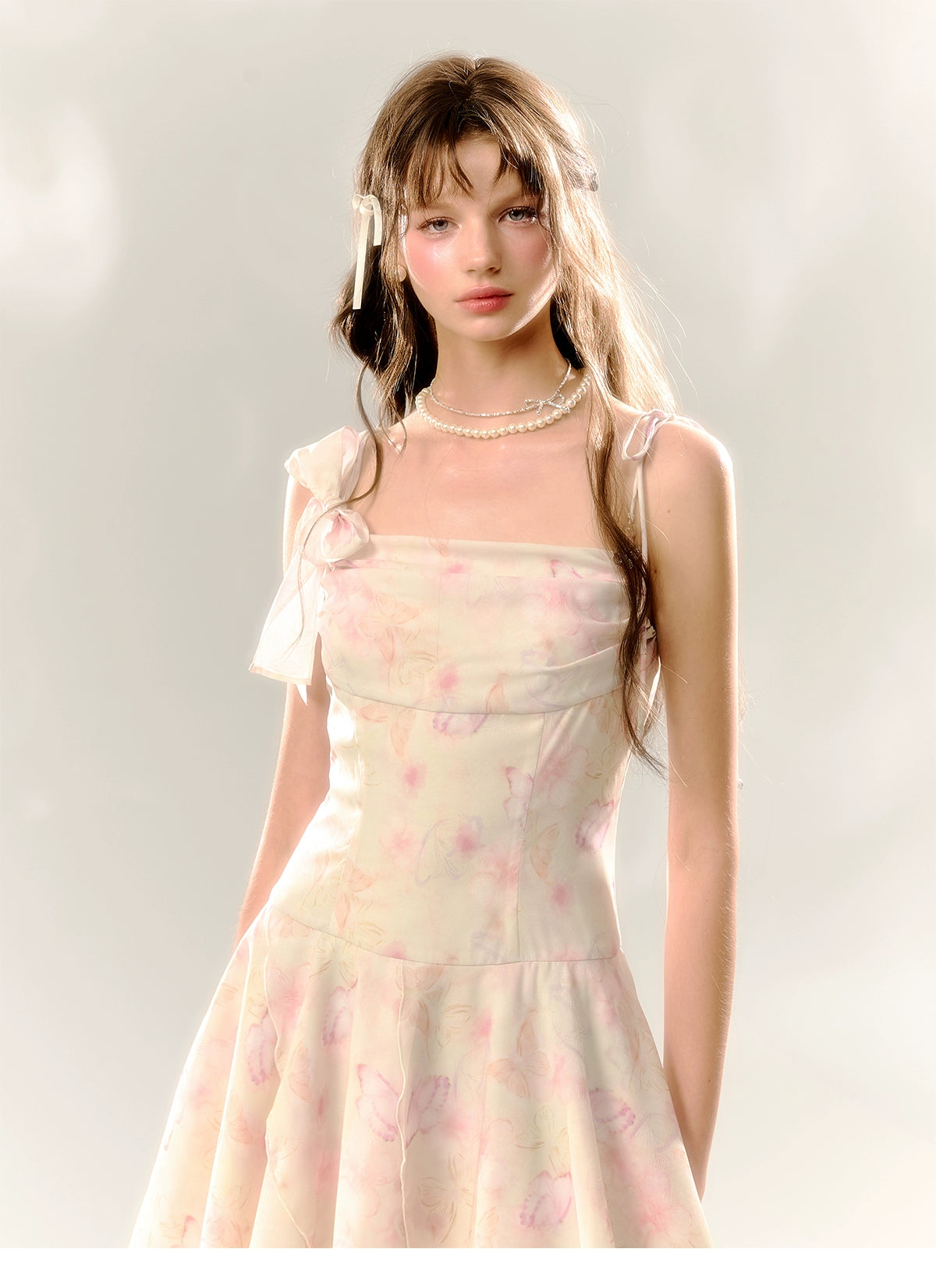 White Butterfly Print Cinched Waist Dress - CHINASQUAD