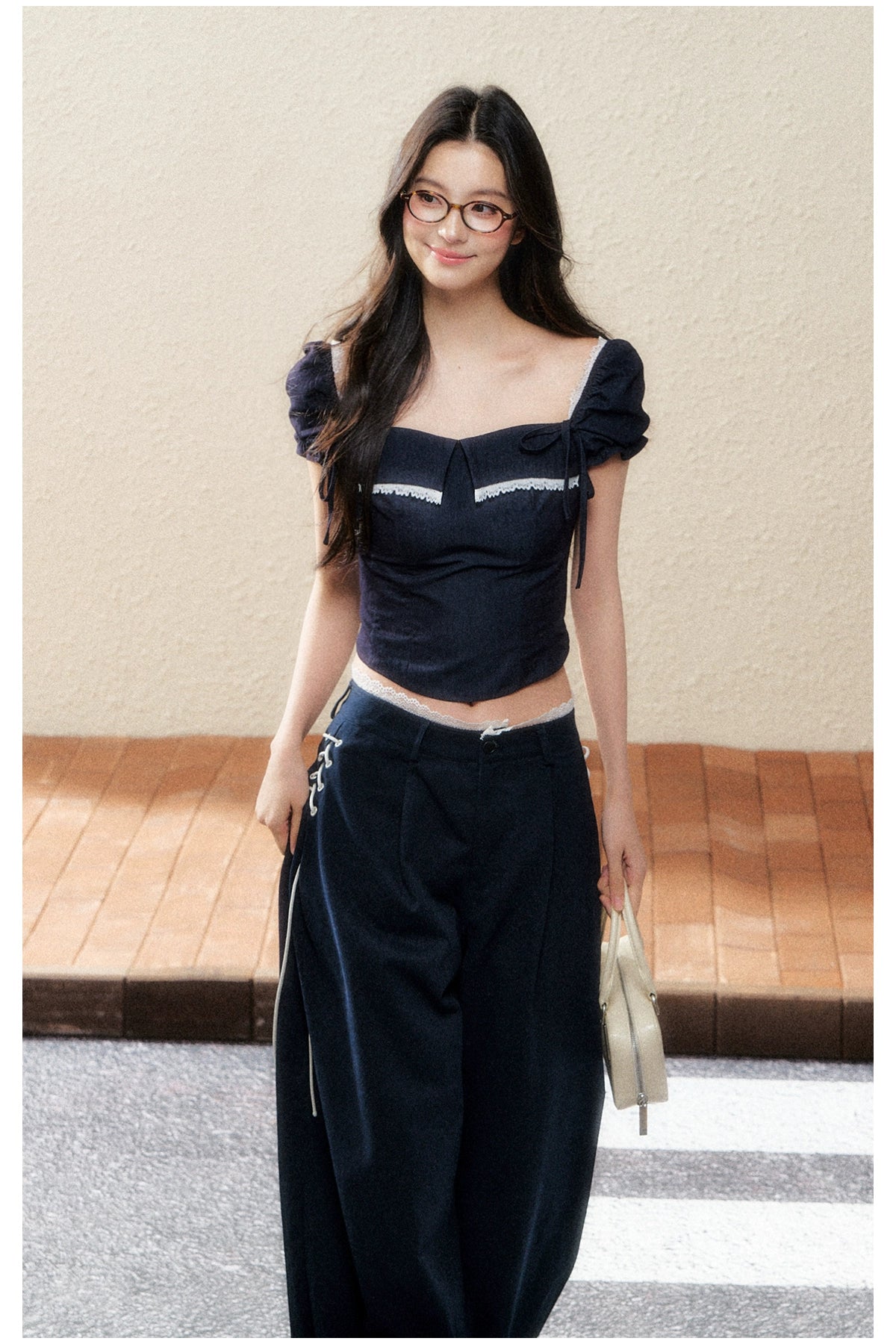 Midnight Square-Neck Puff Sleeve Crop Blouse - CHINASQUAD