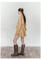 Mustard Yellow Halter Floral Dress - CHINASQUAD