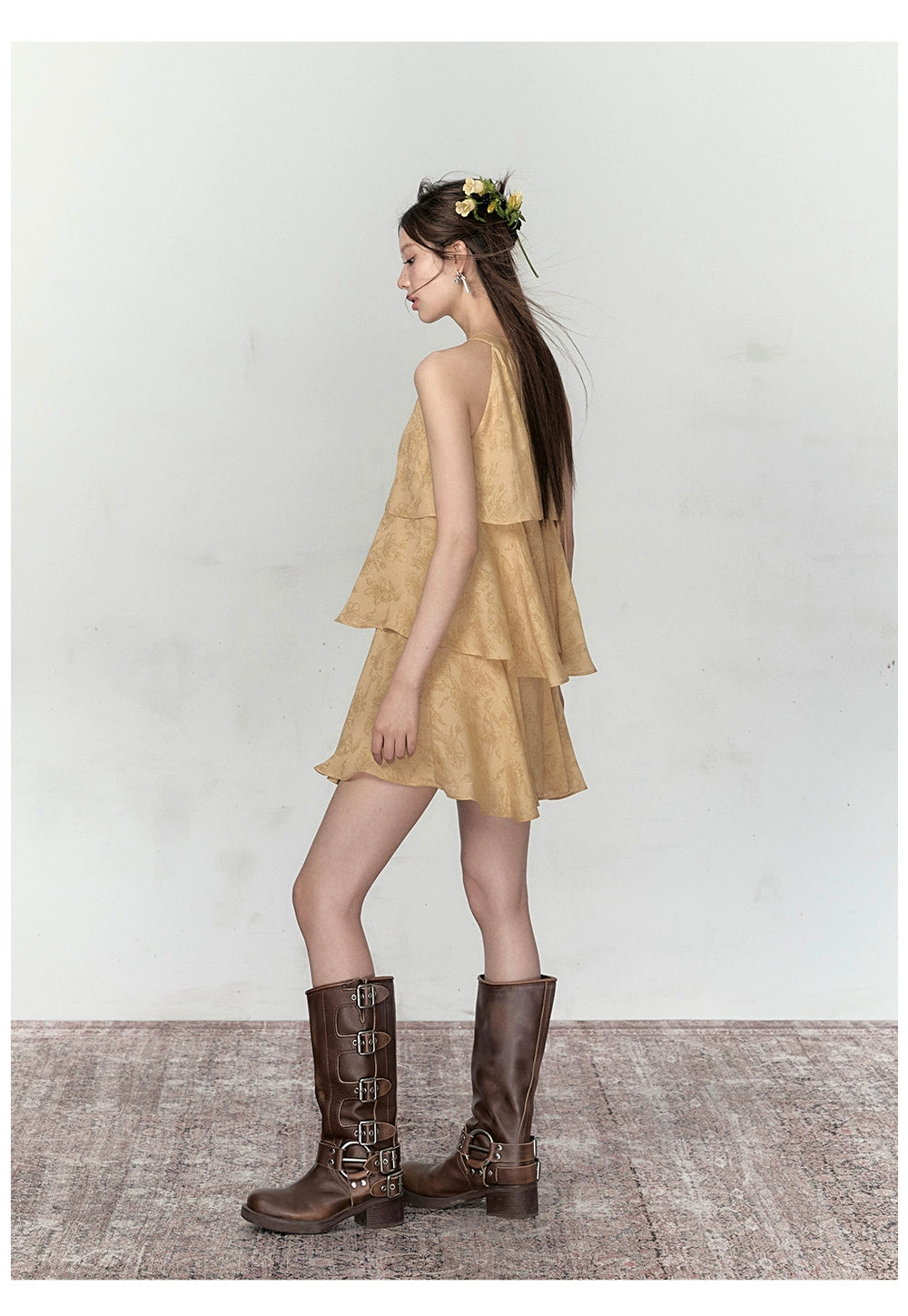 Mustard Yellow Halter Floral Dress - CHINASQUAD