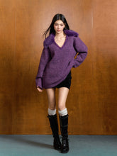 Removable Fur Collar Tweed V-neck Blouse - CHINASQUAD