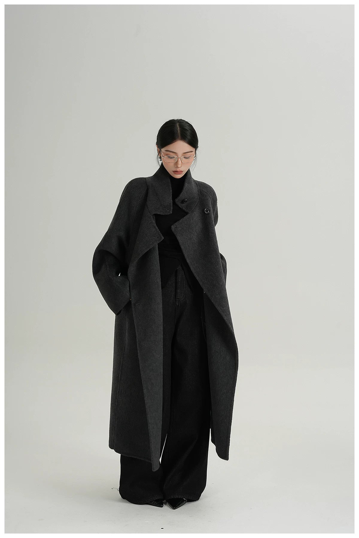 Stand-Collar Long Wool Double-Faced Coat