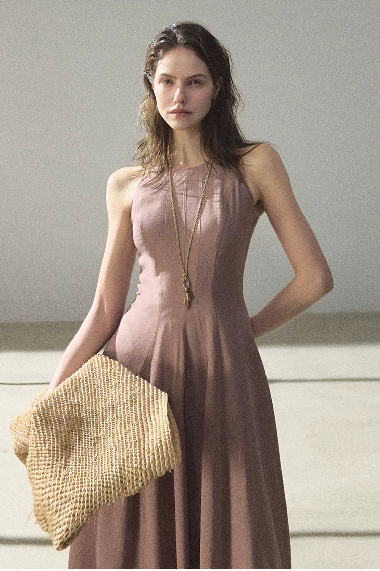 Golden Thread Linen-Blend Sleeveless A-Line Maxi Dress