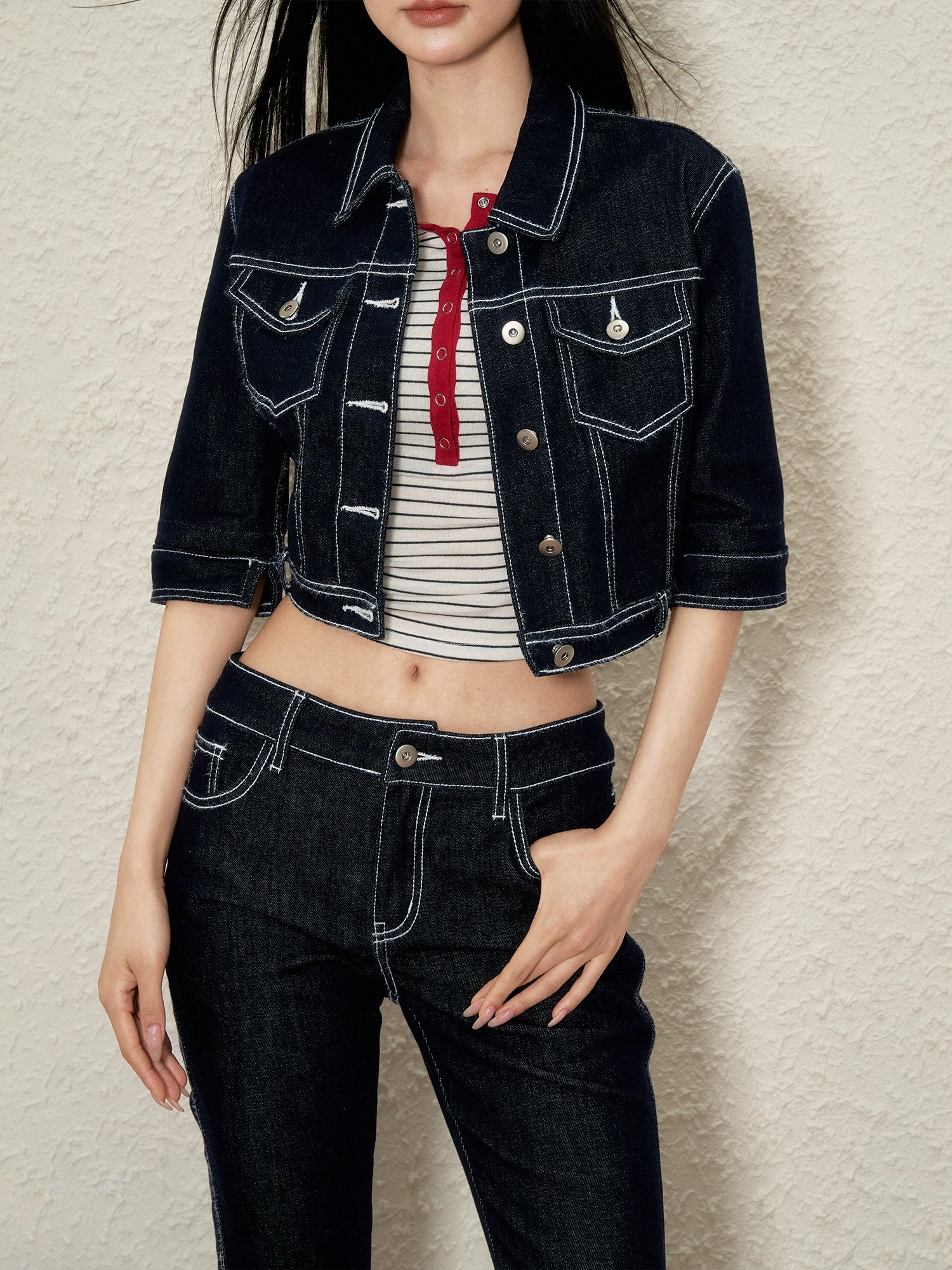 Color-Contrast Denim Jacket & Pants Set - CHINASQUAD