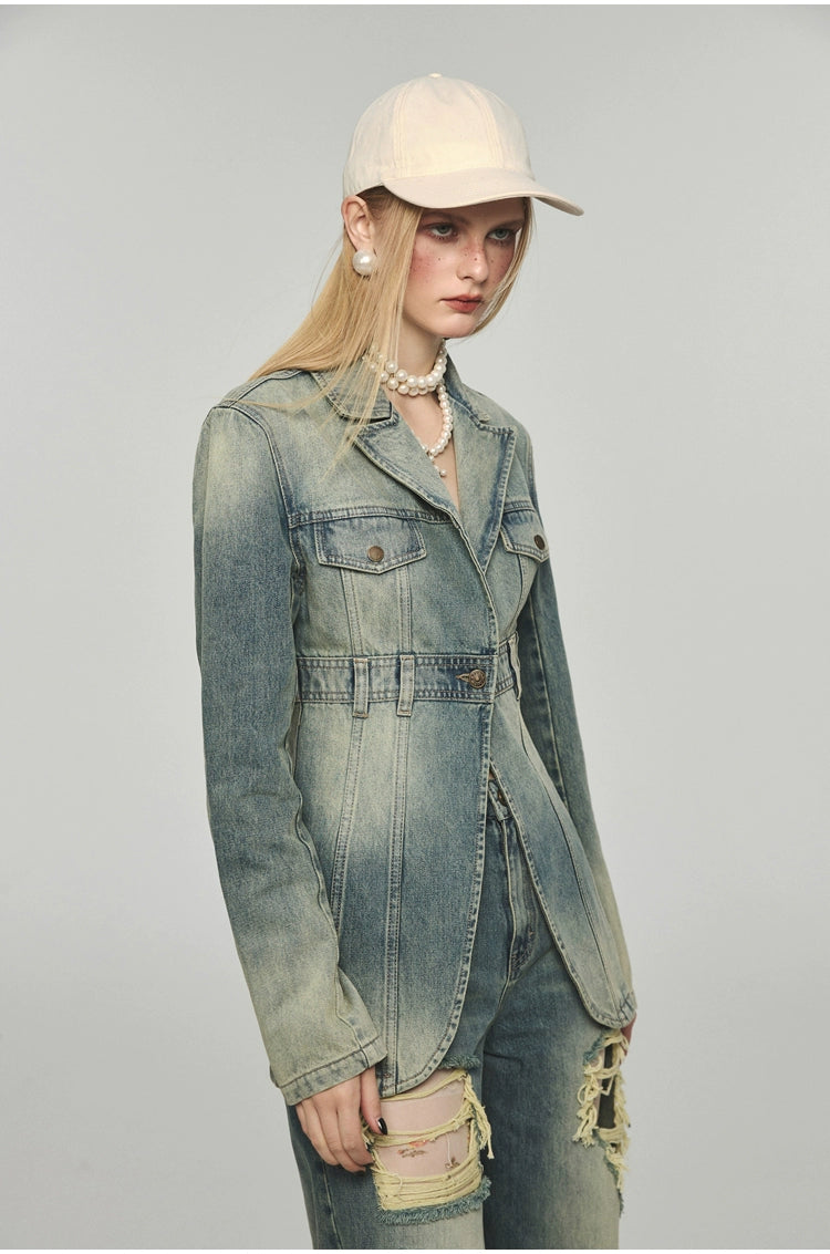 Denim Slim Fit Blazer - CHINASQUAD