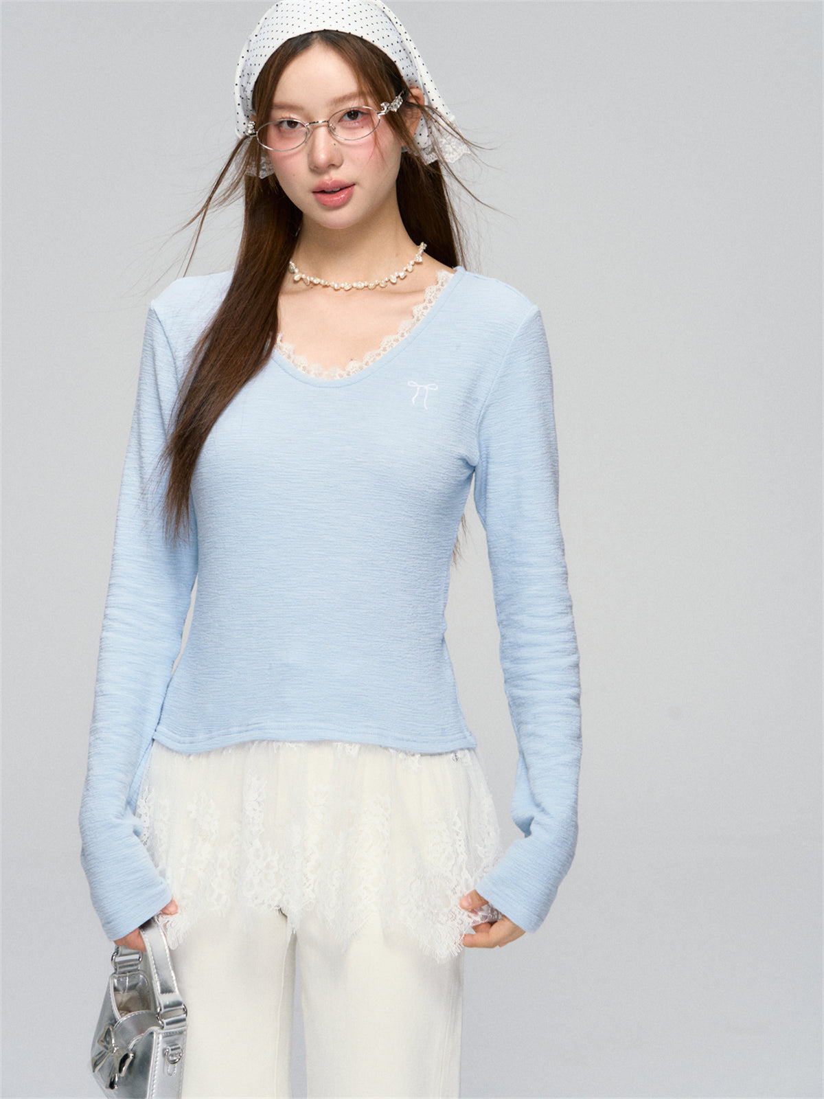 Lace-Patchwork Gray V-neck Long-Sleeve Top - CHINASQUAD